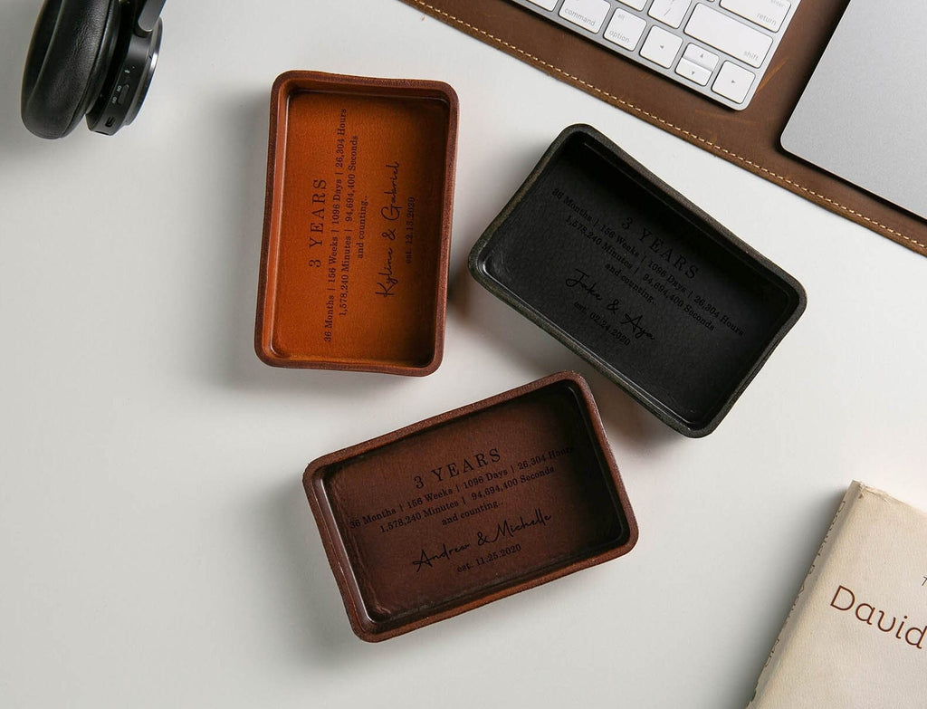 Vegetable tanned hard leather valet (design 4) - custom engraved tray, personalized leather gift, 3 year anniversary boyfriend husband dad