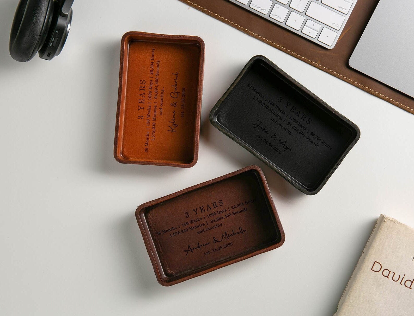 Vegetable tanned hard leather valet (design 4) - custom engraved tray, personalized leather gift, 3 year anniversary boyfriend husband dad