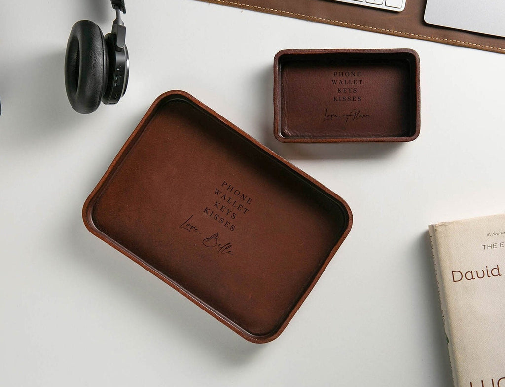 Vegetable Tanned Hard Leather Valet (design 6) - Personalized Catchall Tray, Anniversary Gift for Him, Gift for Dad, Nightstand Organizer