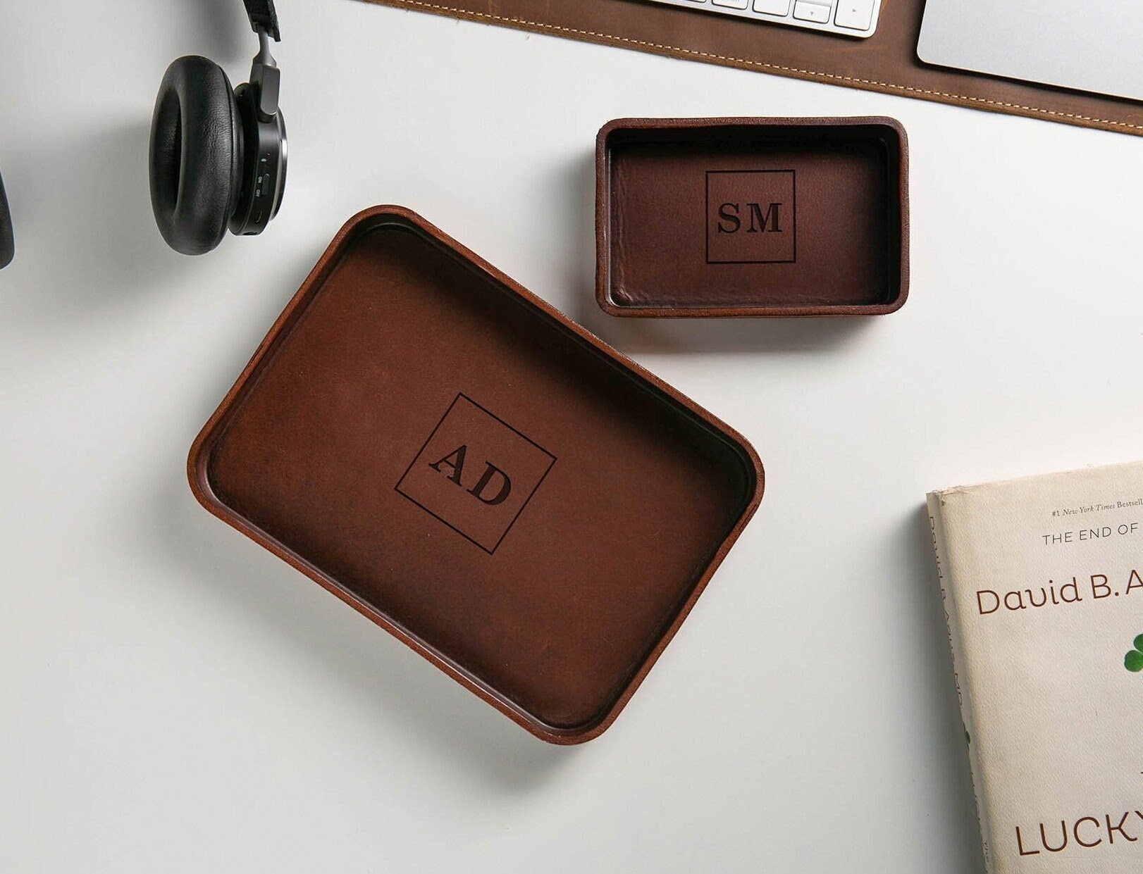 Vegetable tanned hard leather valet (design 7) - engraved monogram edc tray for men groomsmen dad husband boyfriend gift for wedding 