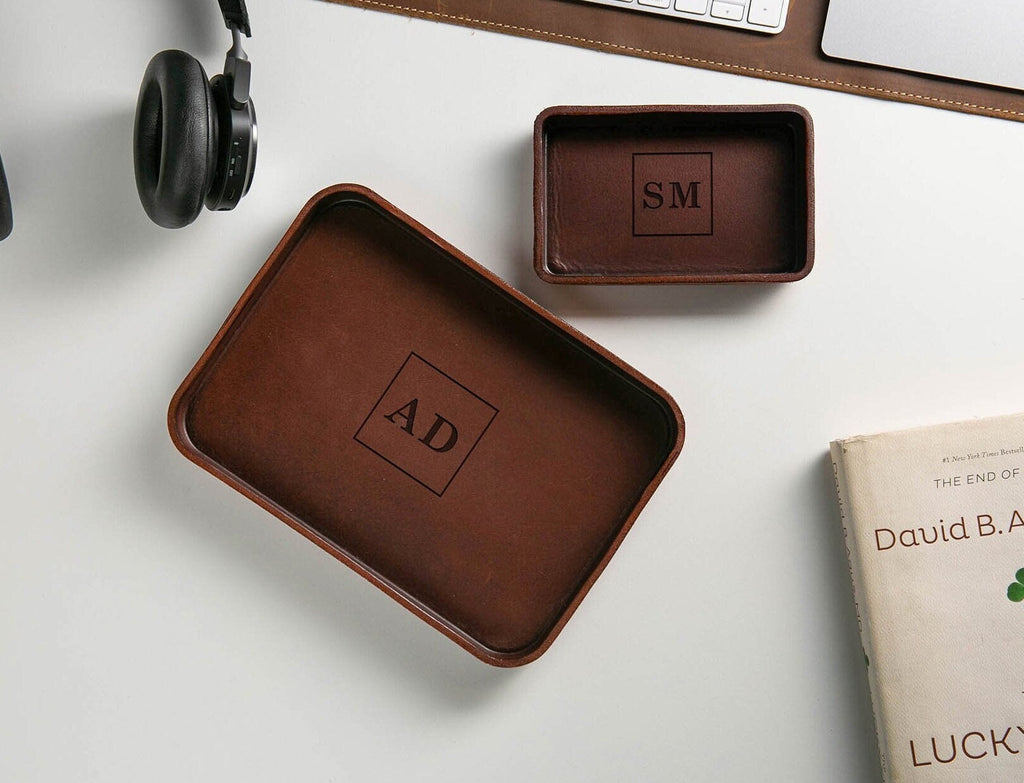 Vegetable tanned hard leather valet (design 7) - engraved monogram edc tray for men groomsmen dad husband boyfriend gift for wedding