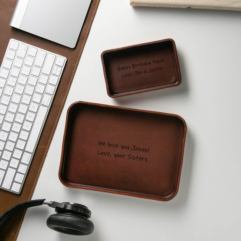 Vegetable tanned hard leather valet (design 3) - message engraving catchall tray for dad husband boyfriend son brother gift, dorm decor