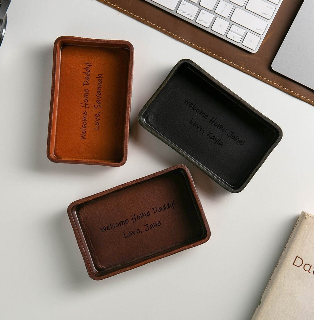 Vegetable tanned hard leather valet (design 3) - message engraving catchall tray for dad husband boyfriend son brother gift, dorm decor