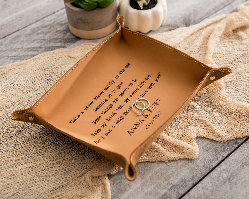 Engraved anniversary leather valet tray - desk side table key or ring tray catchall, wedding or engagement gift for couples, message gift