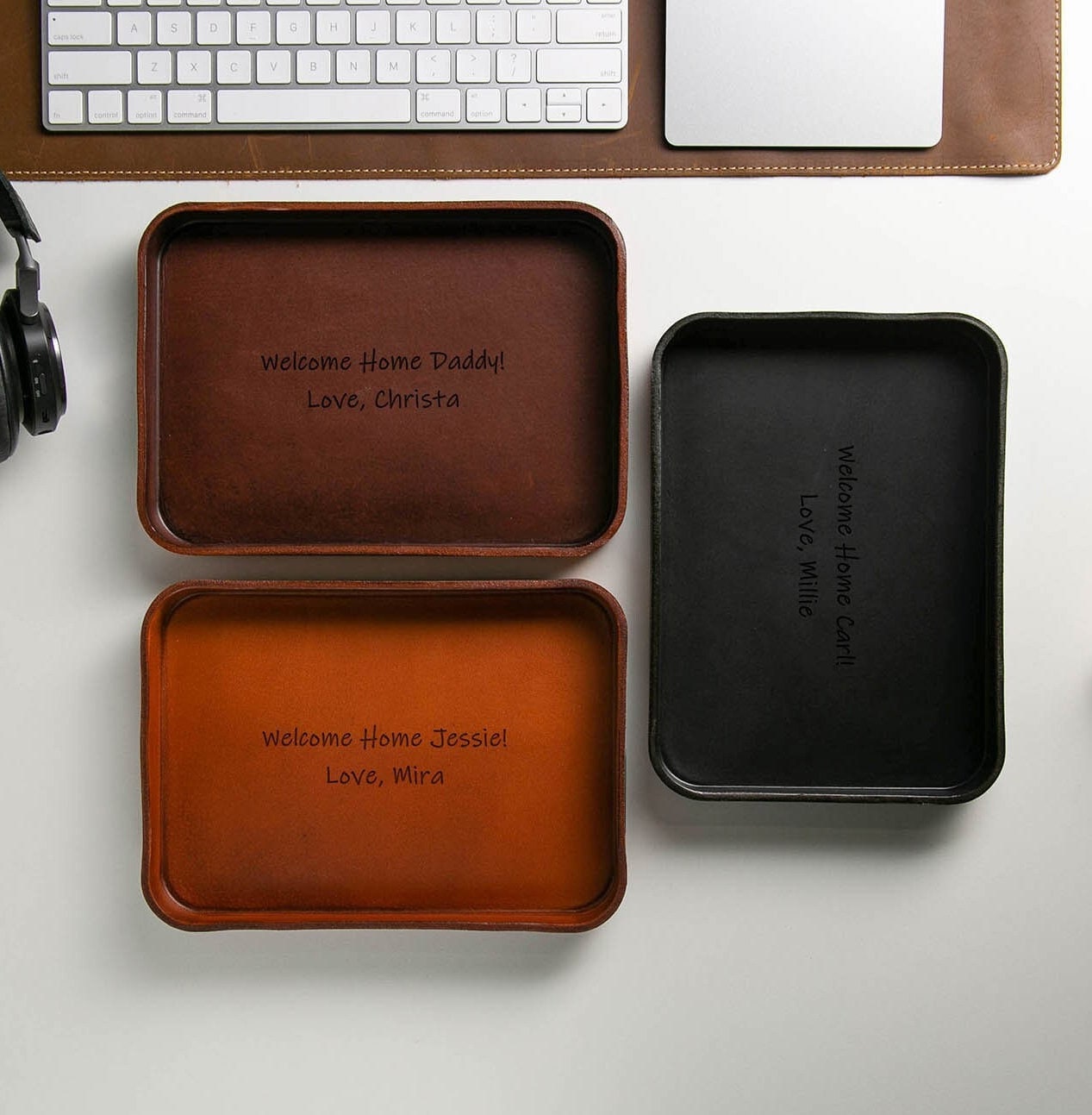 Vegetable tanned hard leather valet (design 3) - message engraving catchall tray for dad husband boyfriend son brother gift, dorm decor