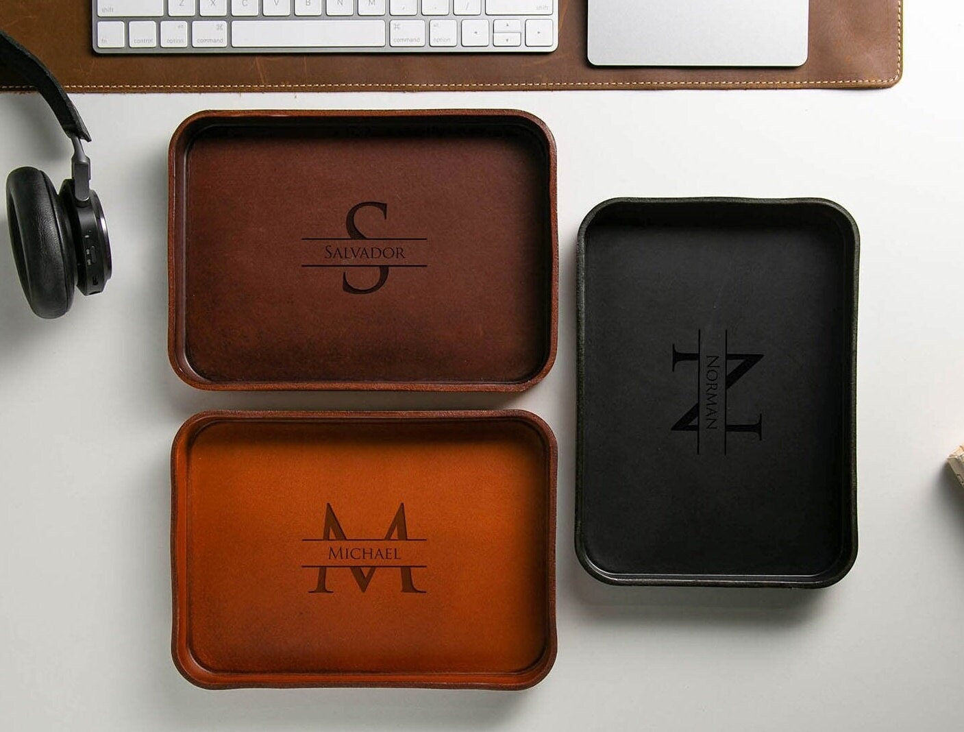 Vegetable tanned hard leather valet (design 1) - 3 year anniversary custom husband wife couple gifts for him catchall storage for desk