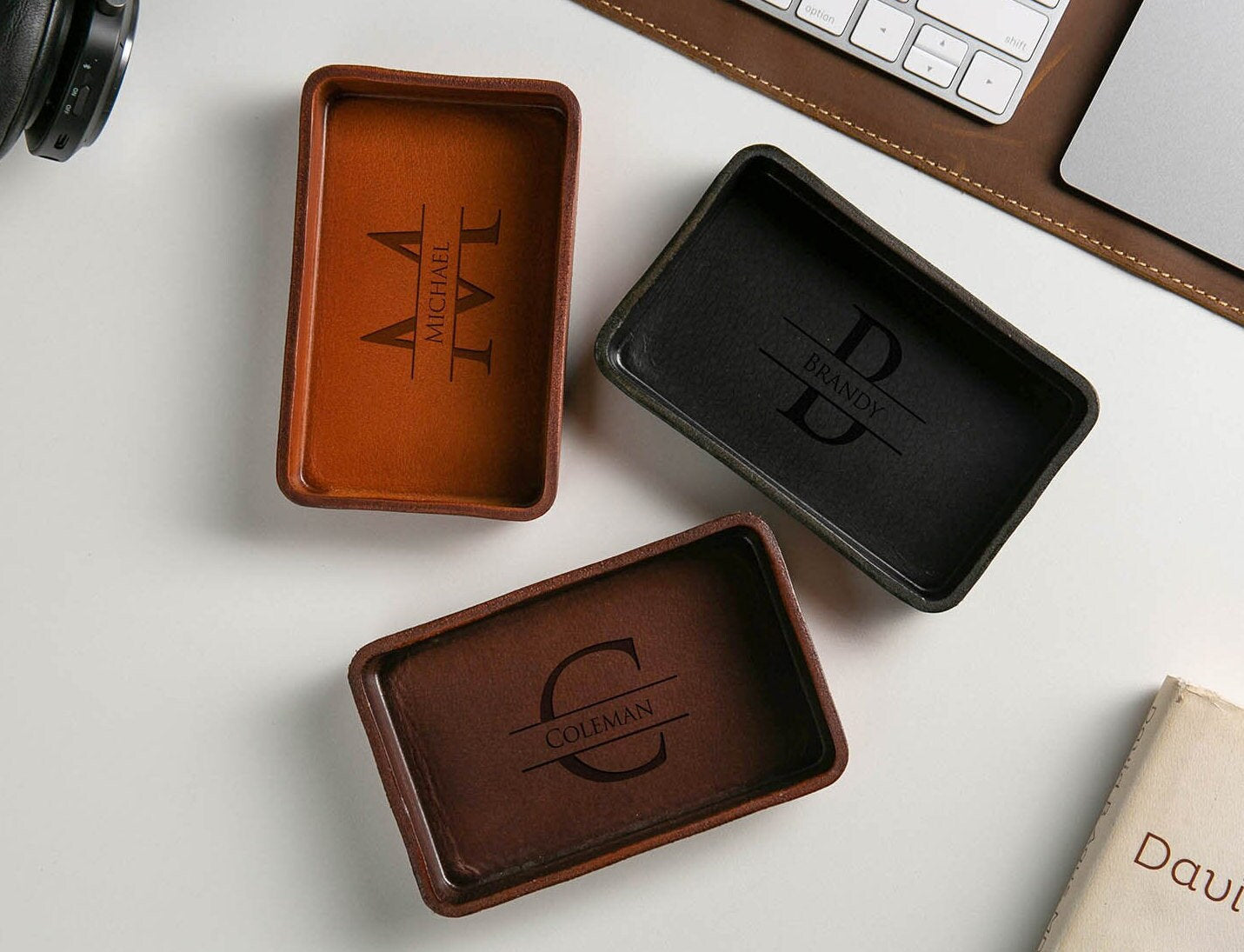 Vegetable tanned hard leather valet (design 1) - 3 year anniversary custom husband wife couple gifts for him catchall storage for desk