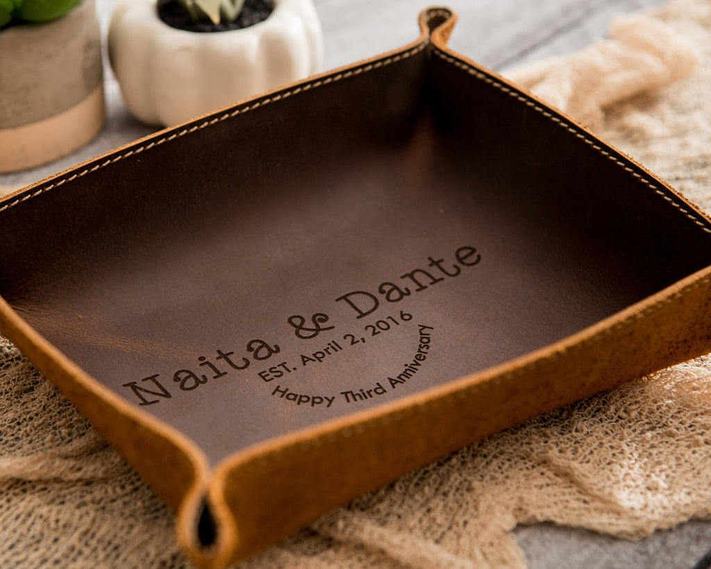 Engraved anniversary leather valet tray - desk side table key or ring tray catchall, wedding or engagement gift for couples, message gift
