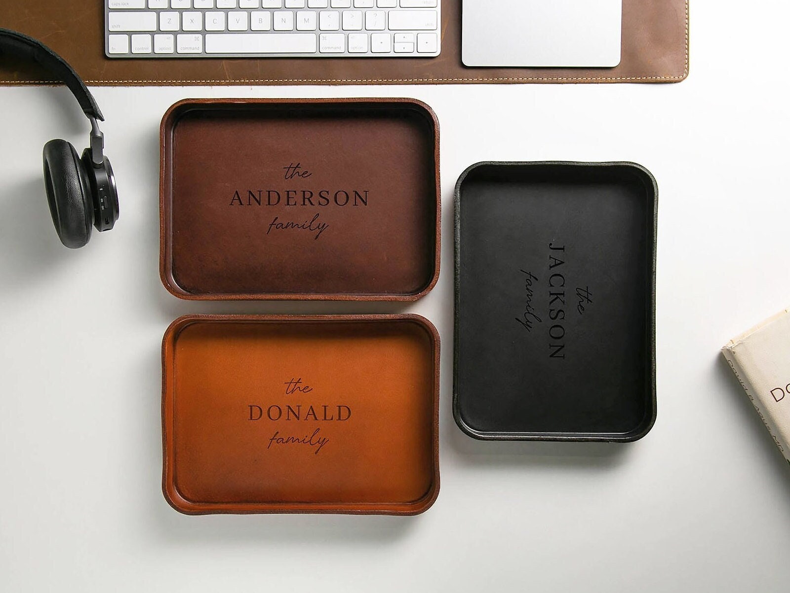 Vegetable tanned hard leather valet (design 2) - housewarming couple gifts for him husband catchall edc tray home decor mom dad gift ideas