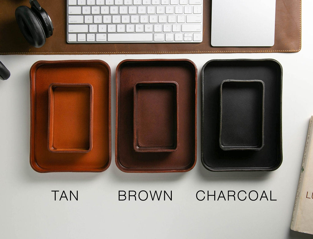 Vegetable tanned hard leather valet (design 1) - 3 year anniversary custom husband wife couple gifts for him catchall storage for desk