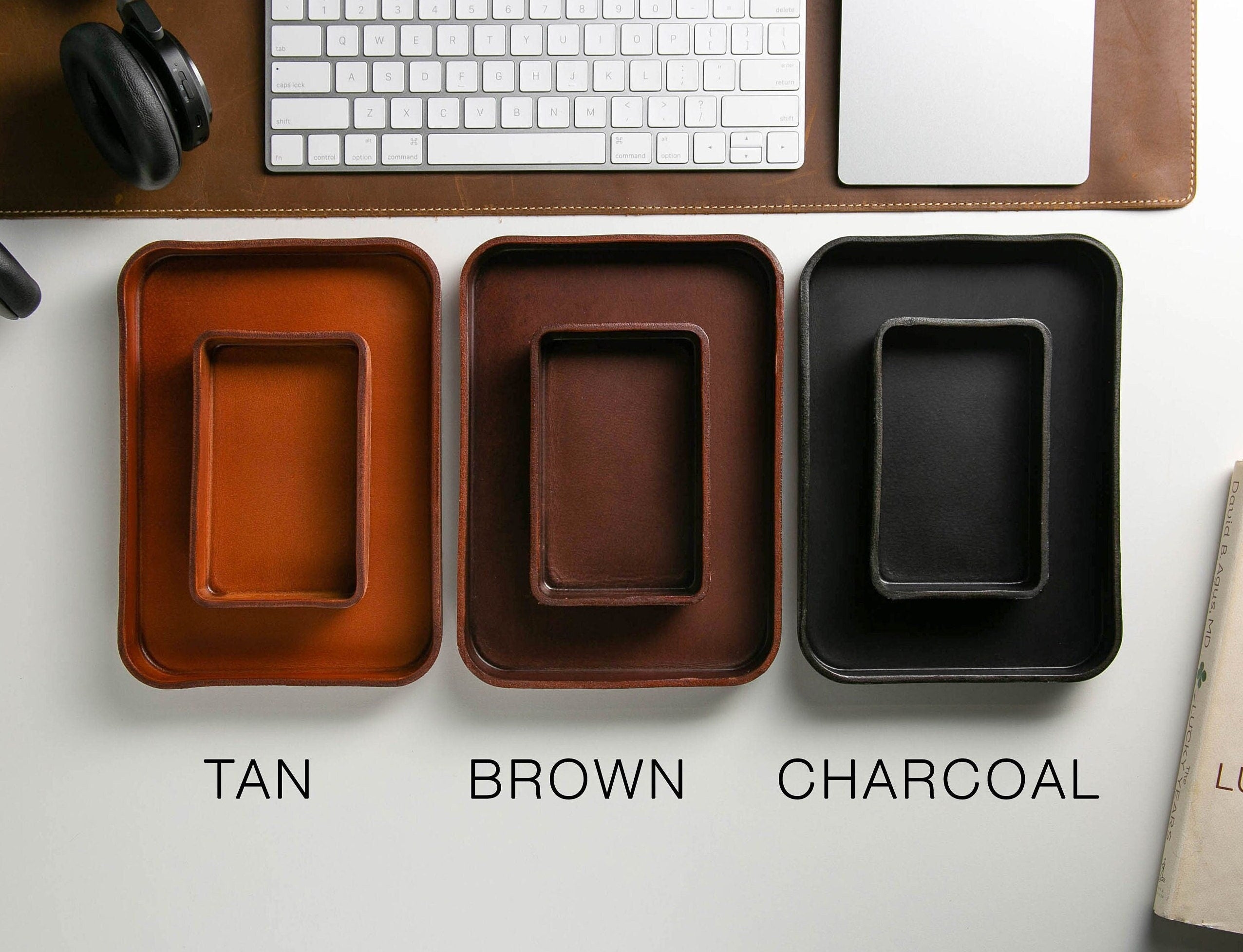 Vegetable tanned hard leather valet (design 1) - 3 year anniversary custom husband wife couple gifts for him catchall storage for desk