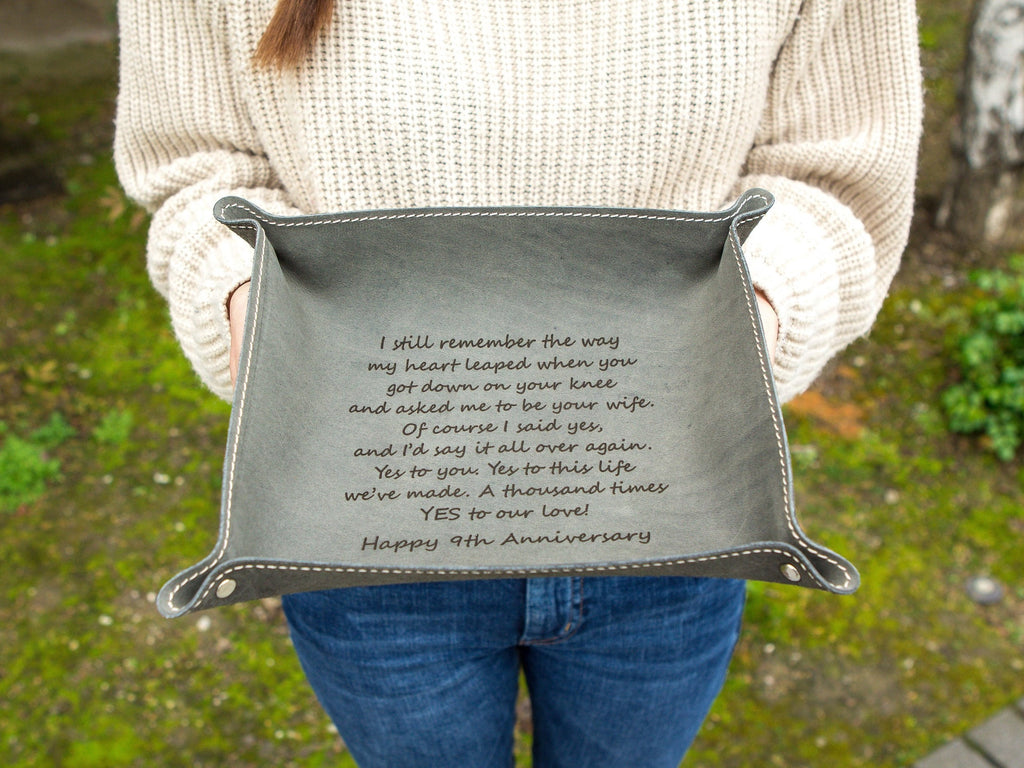Engraved anniversary leather valet tray - desk side table key or ring tray catchall, wedding or engagement gift for couples, message gift