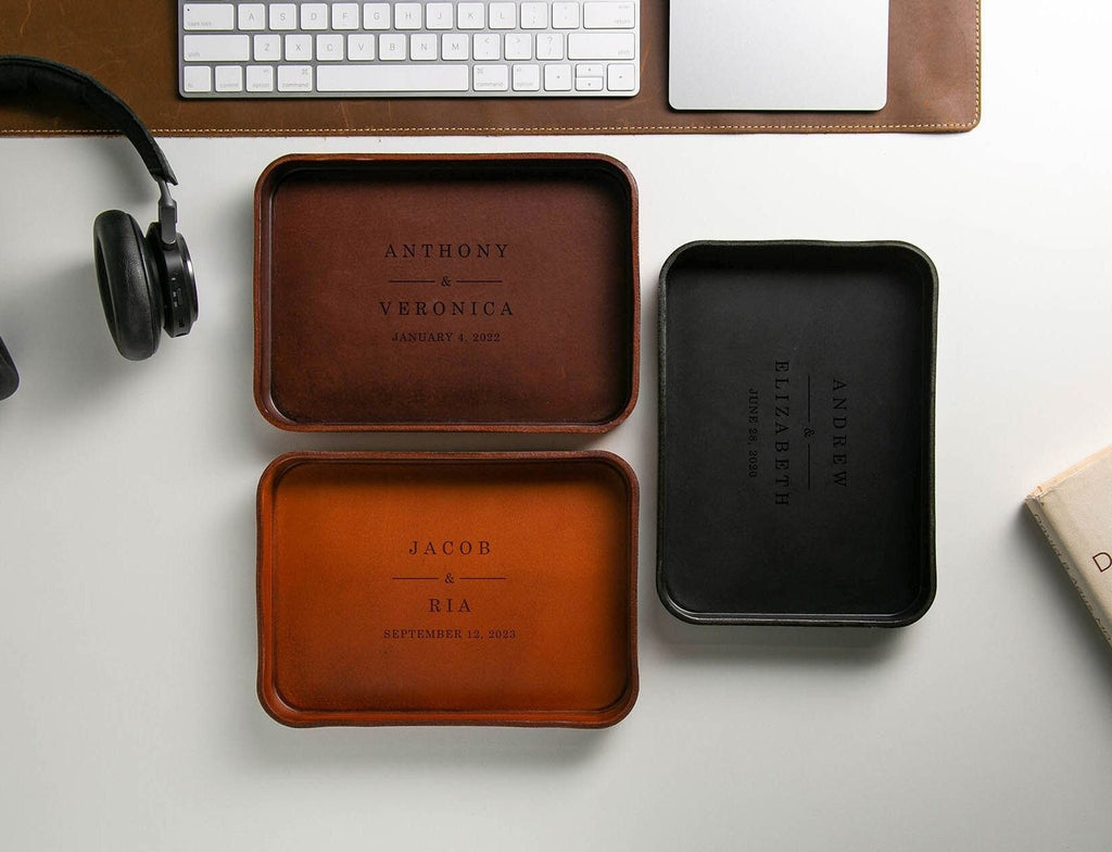 Vegetable tanned hard leather valet (design 5) - tray office home decor, anniversary engagement wedding custom teacher appreciation gift