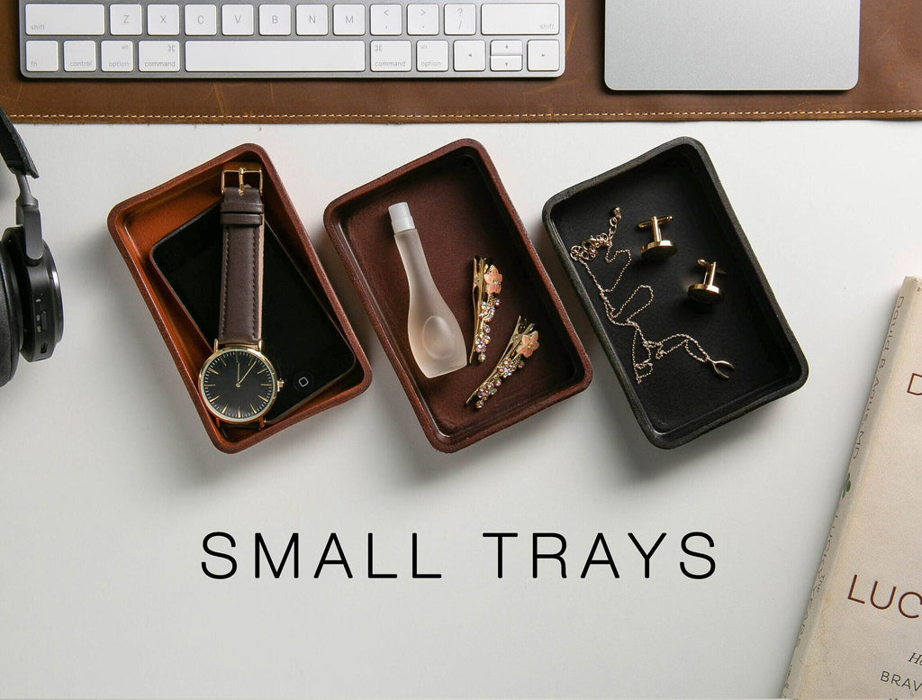 Vegetable tanned hard leather valet (design 1) - 3 year anniversary custom husband wife couple gifts for him catchall storage for desk