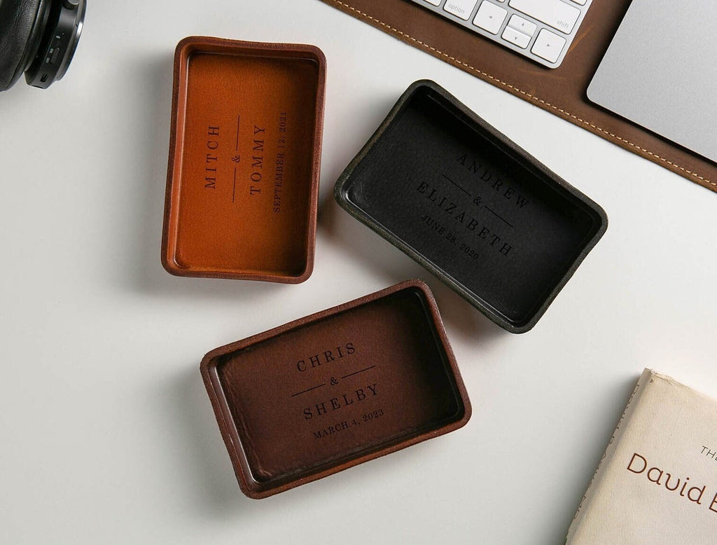 Vegetable tanned hard leather valet (design 5) - tray office home decor, anniversary engagement wedding custom teacher appreciation gift