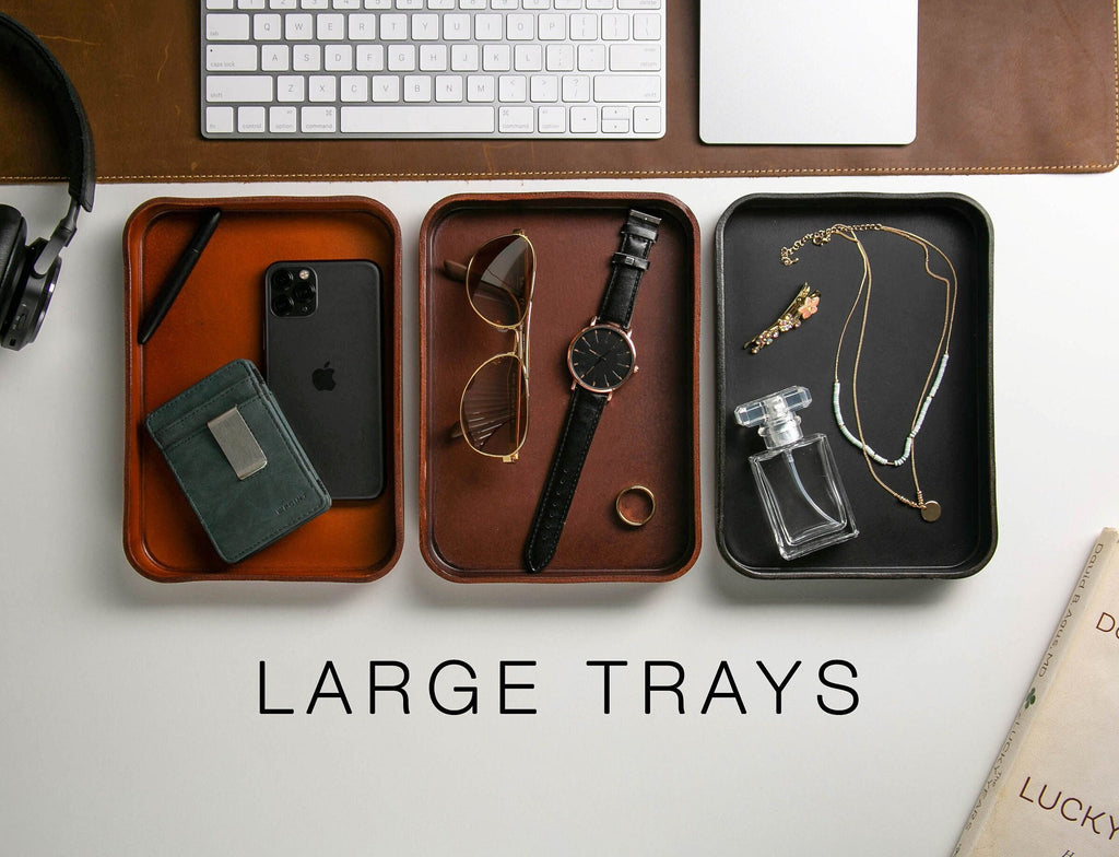 Vegetable tanned hard leather valet (design 1) - 3 year anniversary custom husband wife couple gifts for him catchall storage for desk