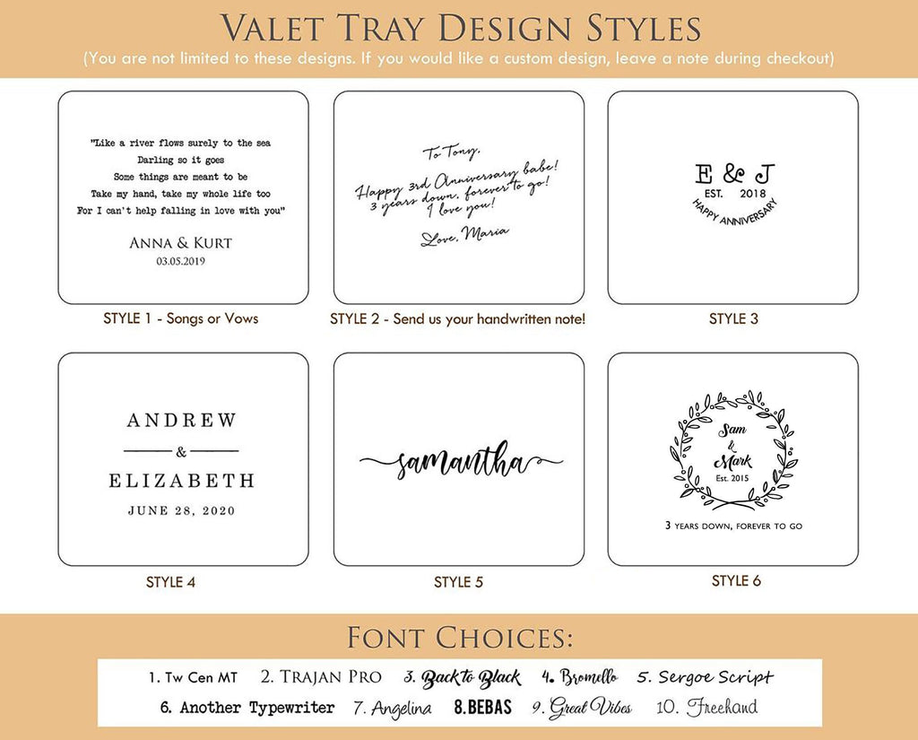 Engraved anniversary leather valet tray - desk side table key or ring tray catchall, wedding or engagement gift for couples, message gift