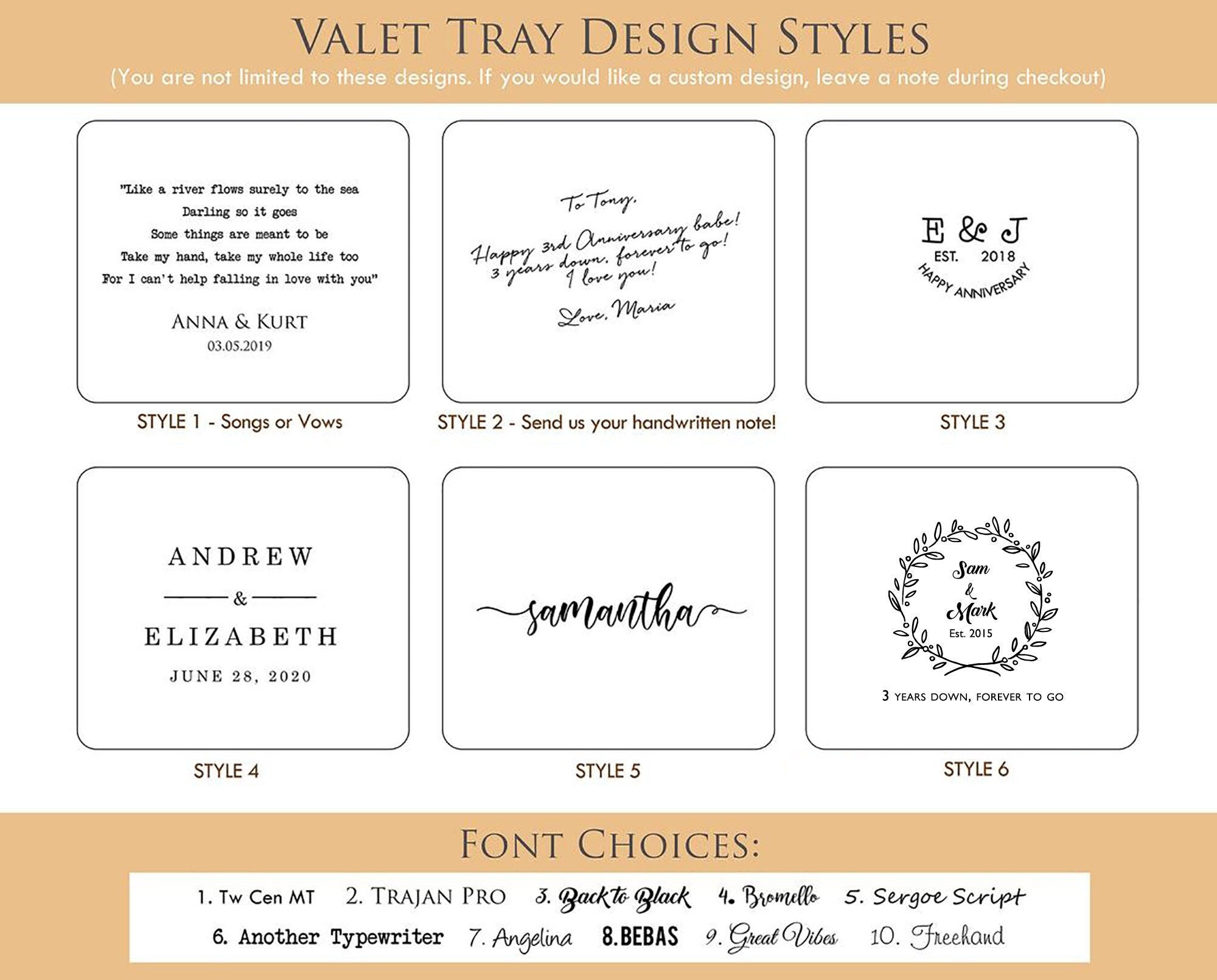 Engraved anniversary leather valet tray - desk side table key or ring tray catchall, wedding or engagement gift for couples, message gift