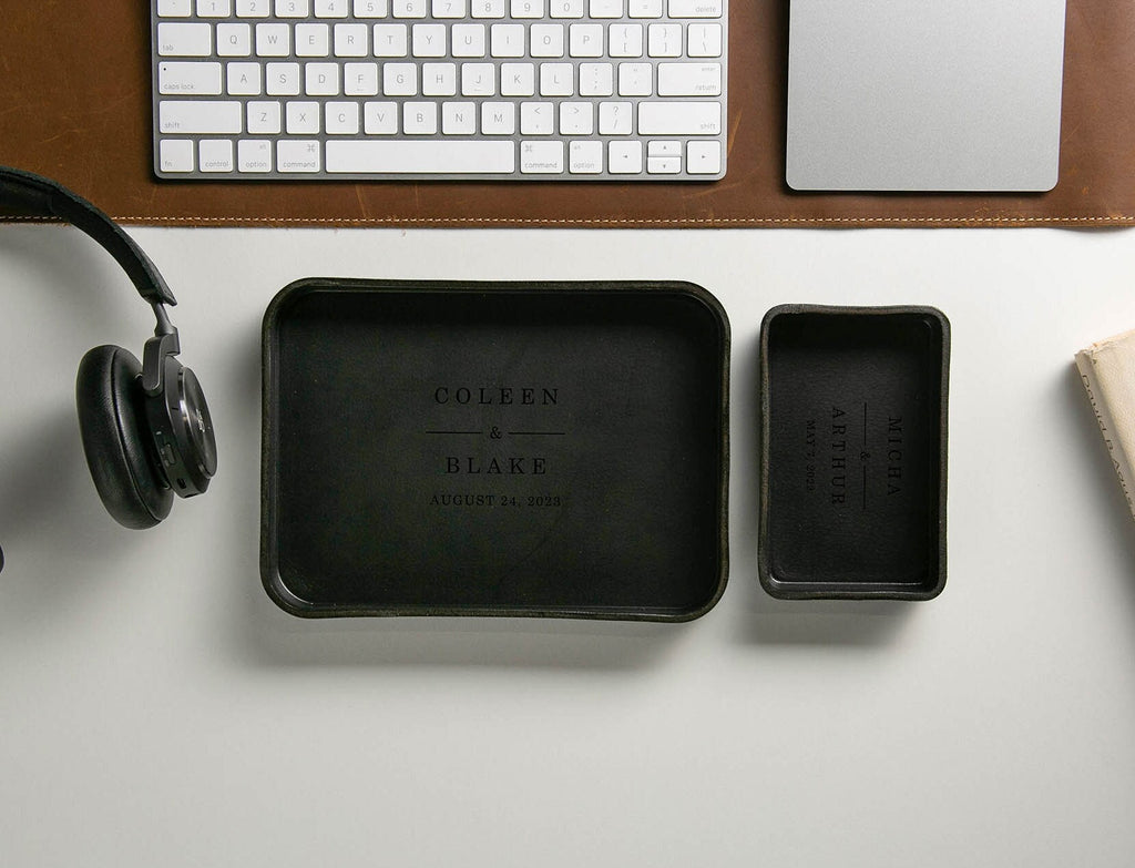 Vegetable tanned hard leather valet (design 5) - tray office home decor, anniversary engagement wedding custom teacher appreciation gift