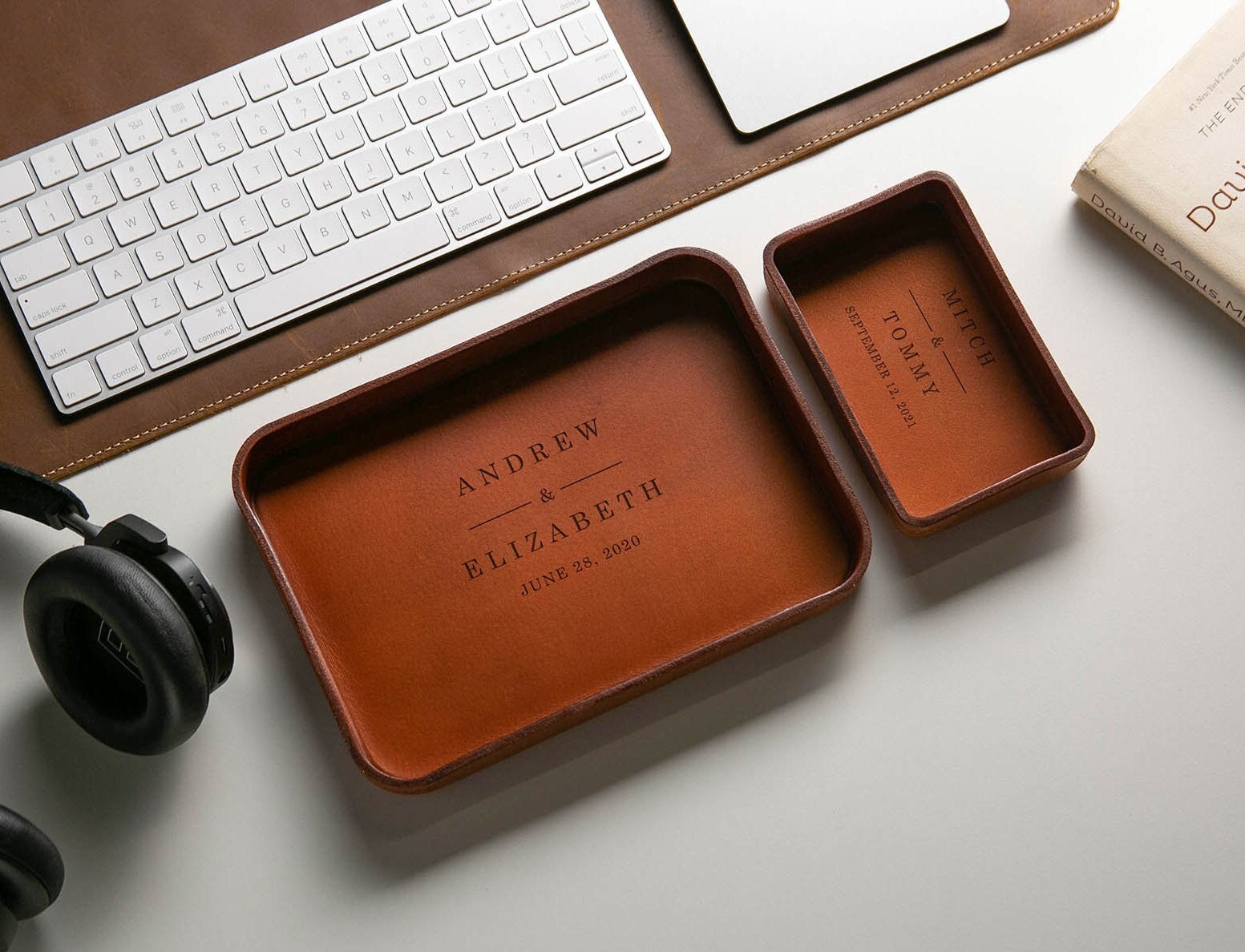 Vegetable tanned hard leather valet (design 5) - tray office home decor, anniversary engagement wedding custom teacher appreciation gift