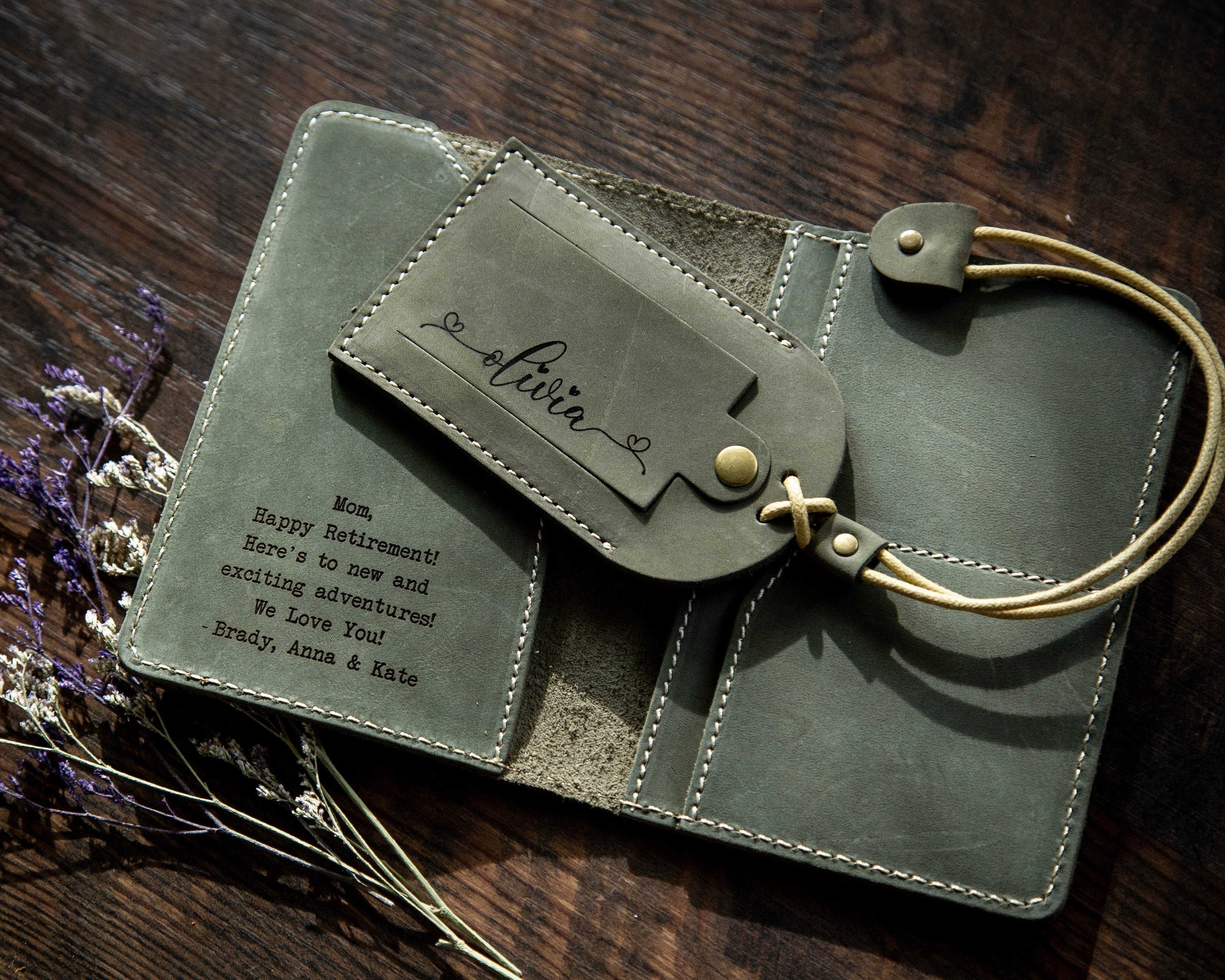 Engraved passport holder & luggage tag set - leather set 3rd anniversary gift monogram wallet, gift for mom dad, gift for grandma from kids