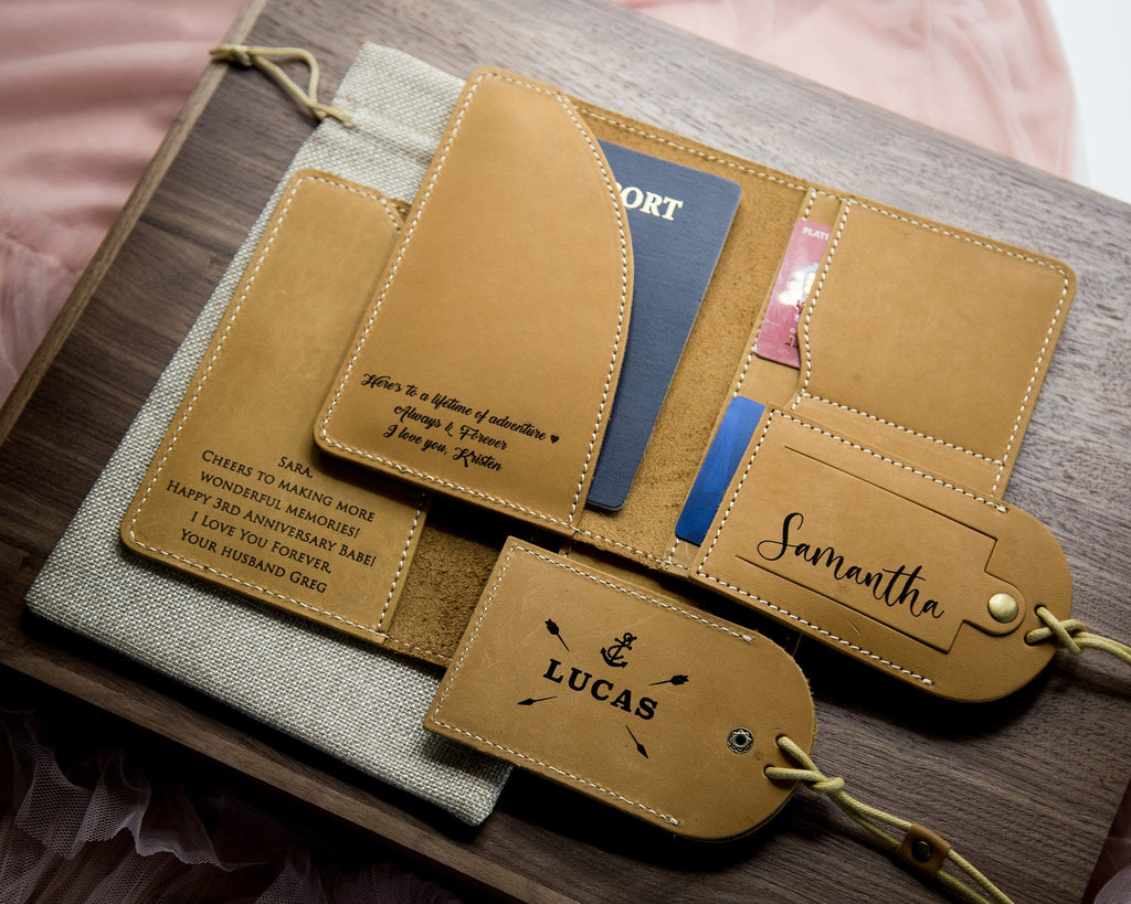 Engraved passport holder & luggage tag set - leather set 3rd anniversary gift monogram wallet, gift for mom dad, gift for grandma from kids
