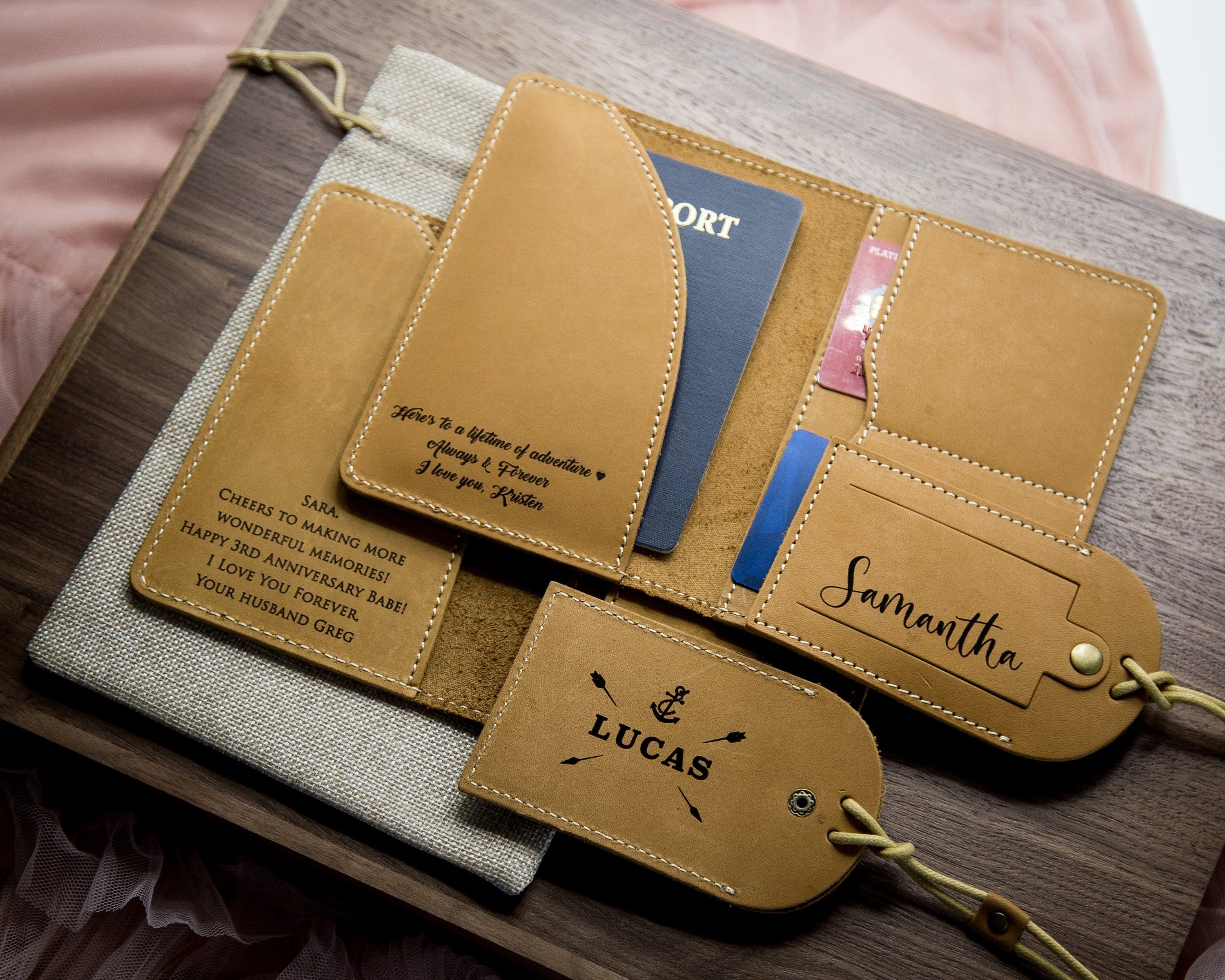 Engraved passport holder & luggage tag set - leather set 3rd anniversary gift monogram wallet, gift for mom dad, gift for grandma from kids