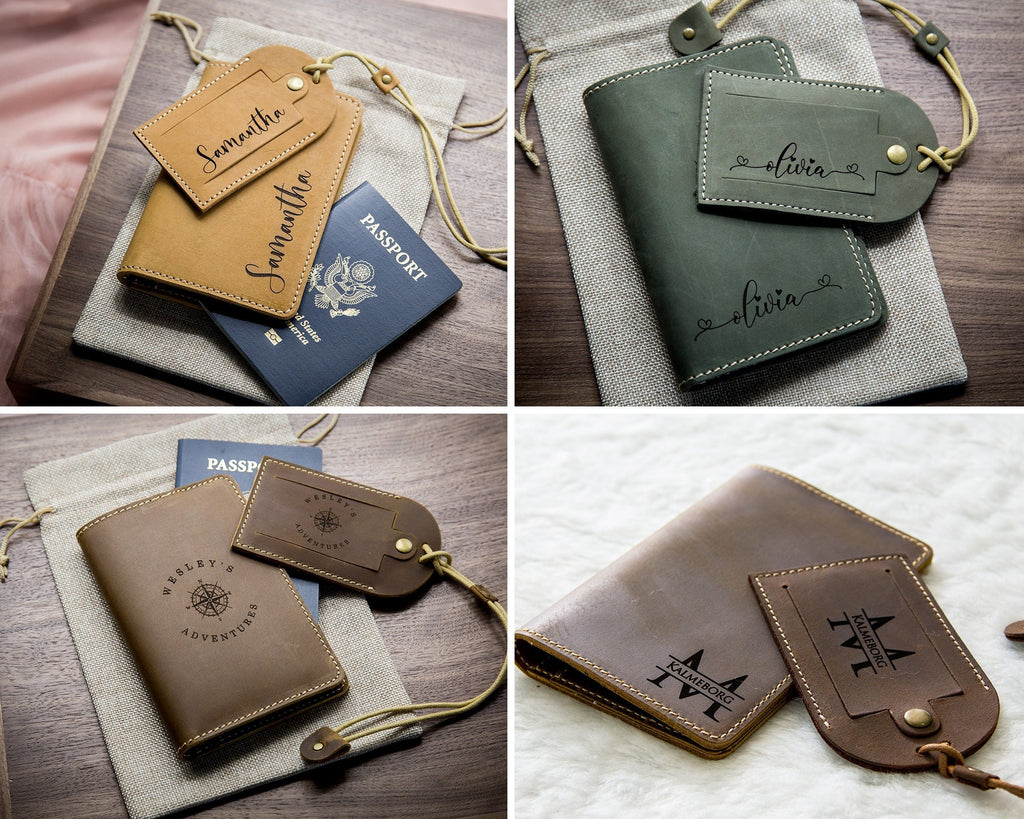 Engraved leather passport holder & luggage tag set - custom passport cover, 3rd wedding anniversary honeymoon, destination wedding suitcase