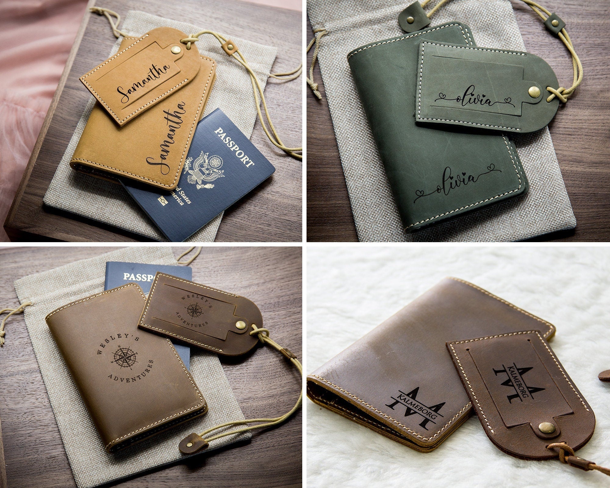 Engraved leather passport holder & luggage tag set - custom passport cover, 3rd wedding anniversary honeymoon, destination wedding suitcase