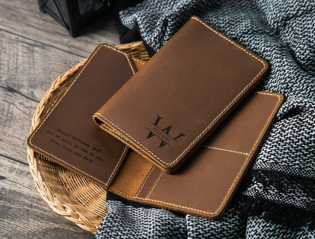Engraved leather passport holder & luggage tag set - custom passport cover, 3rd wedding anniversary honeymoon, destination wedding suitcase