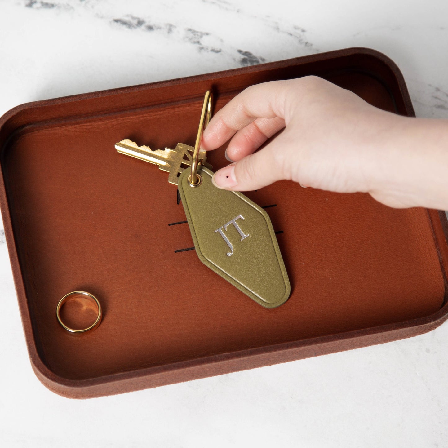 Embossed diamond leather keychain (initials) - modern luxury key chain fob, travel luggage bag tag, gift for mom, gift for wife, unique gift