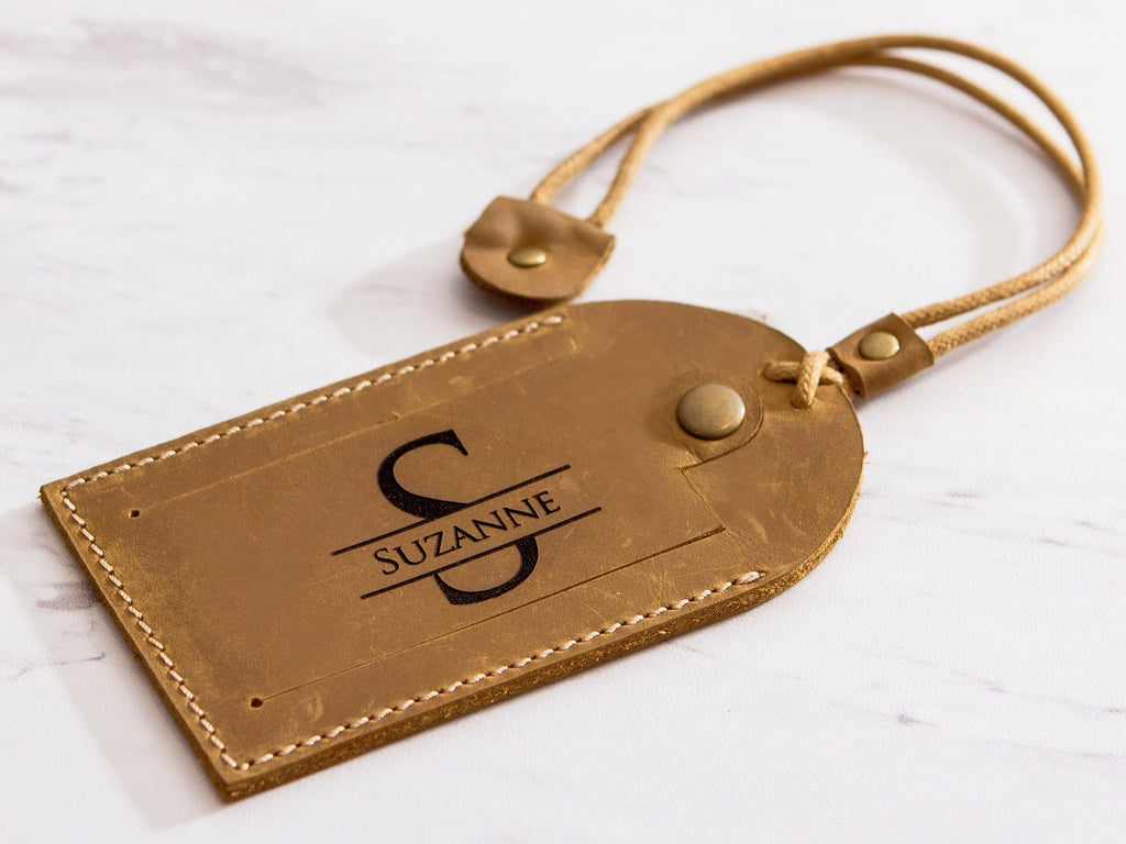 Engraved luggage tag with contact card - leather travel bag name tag, wedding party favor, work coworker gift, wedding travel honeymoon