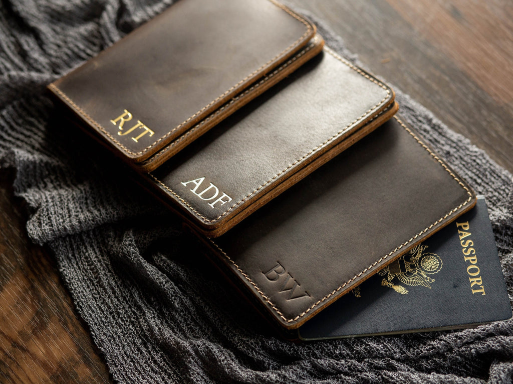 Embossed passport holder (coffee color) - custom leather travel wallet cover, custom initials for her, wife, personalized mom dad gift