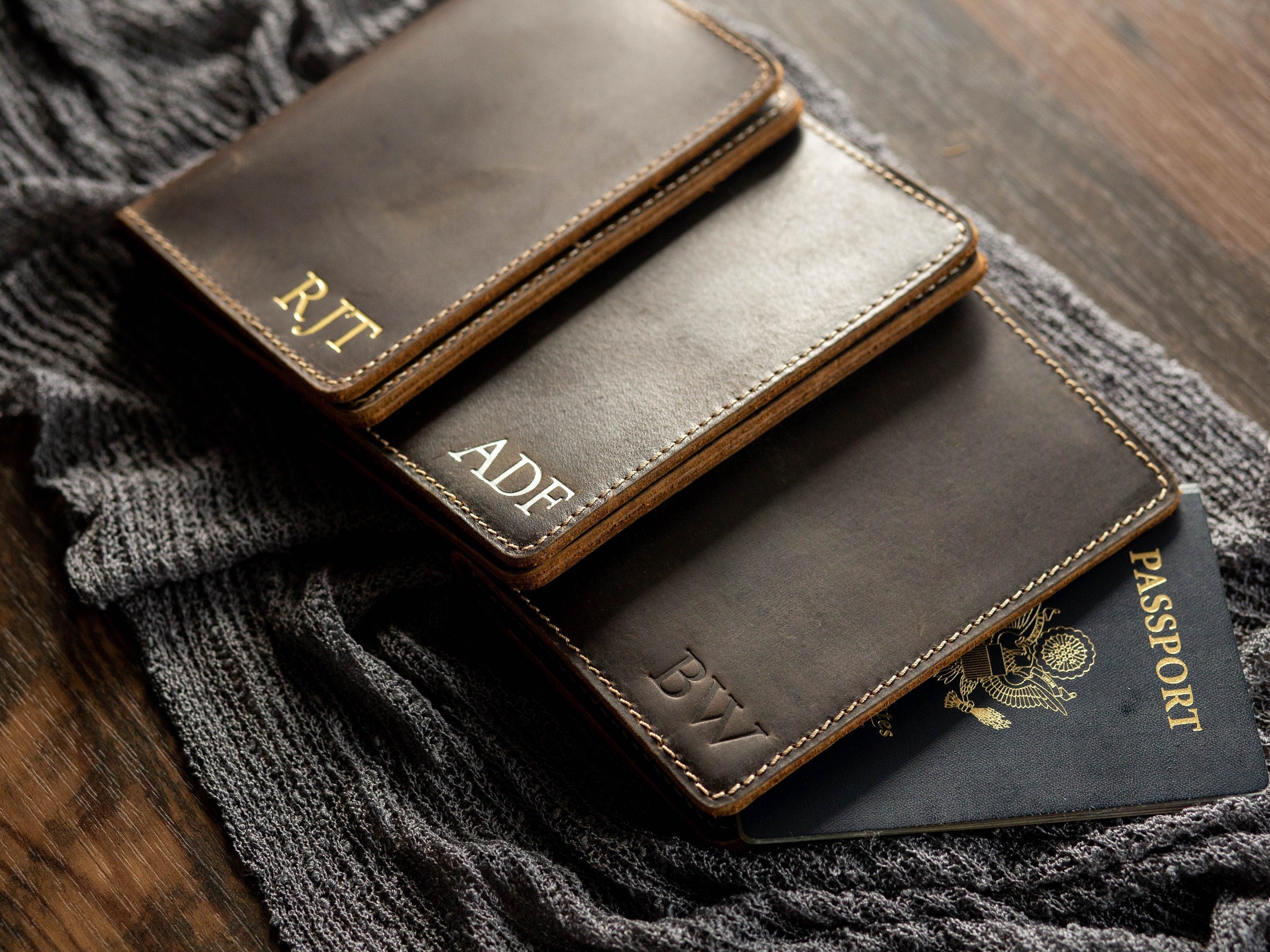 Embossed passport holder (coffee color) - custom leather travel wallet cover, custom initials for her, wife, personalized mom dad gift