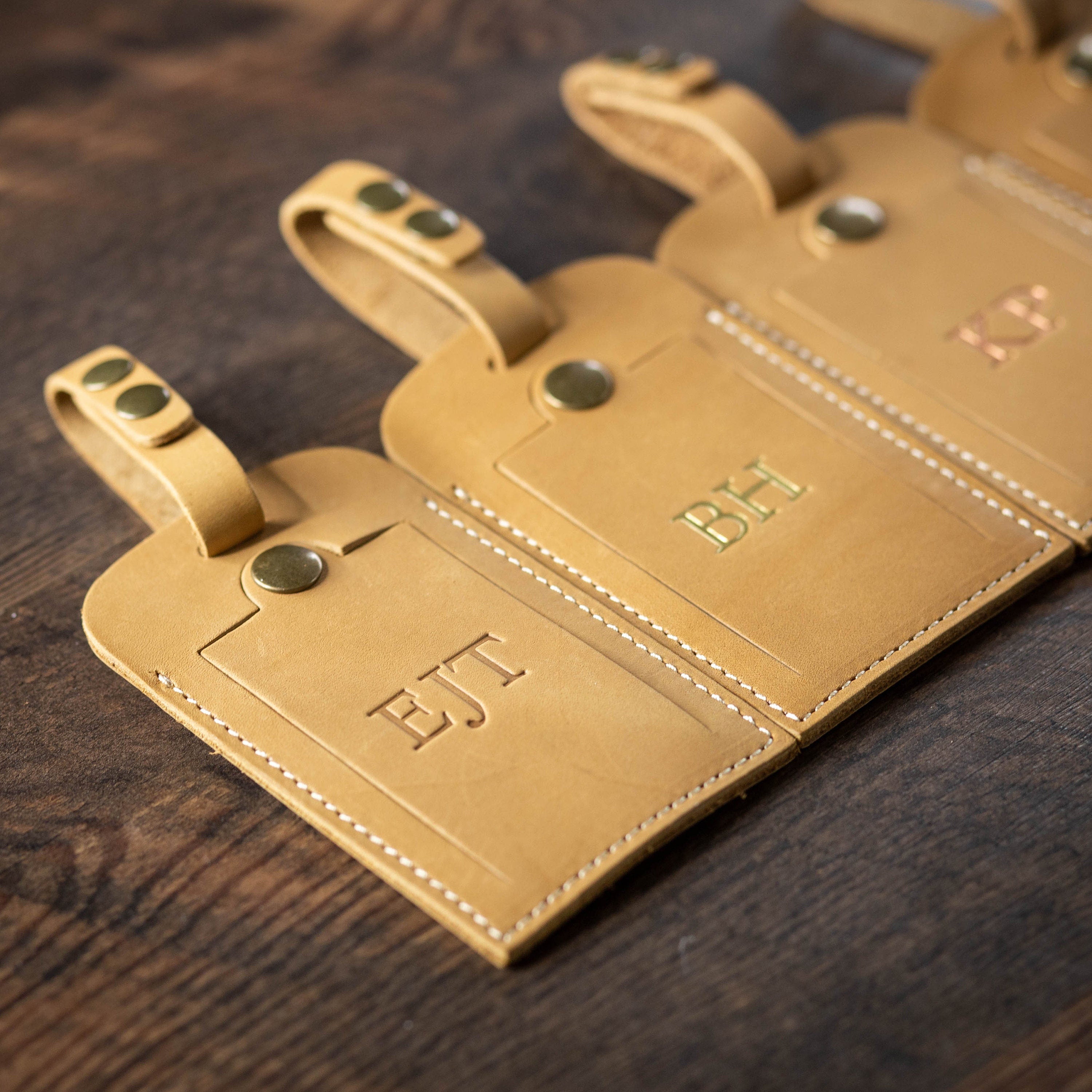 Embossed tan luggage tag w/ buckle loop & name card - travel tag, wedding engagement 3rd leather anniversary honeymoon gift, weekend trips