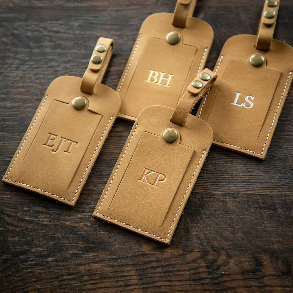 Embossed tan luggage tag w/ buckle loop & name card - travel tag, wedding engagement 3rd leather anniversary honeymoon gift, weekend trips