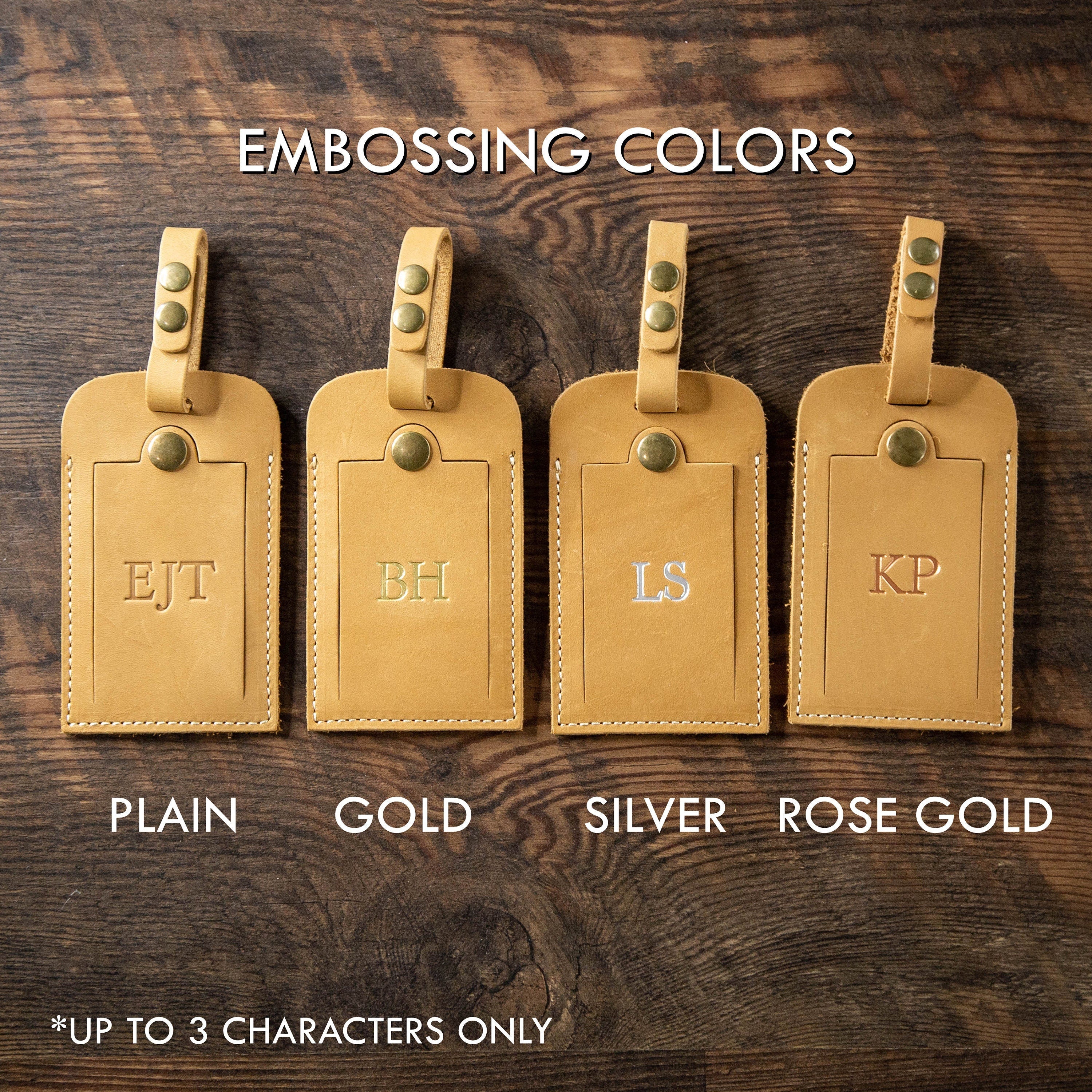 Embossed tan luggage tag w/ buckle loop & name card - travel tag, wedding engagement 3rd leather anniversary honeymoon gift, weekend trips