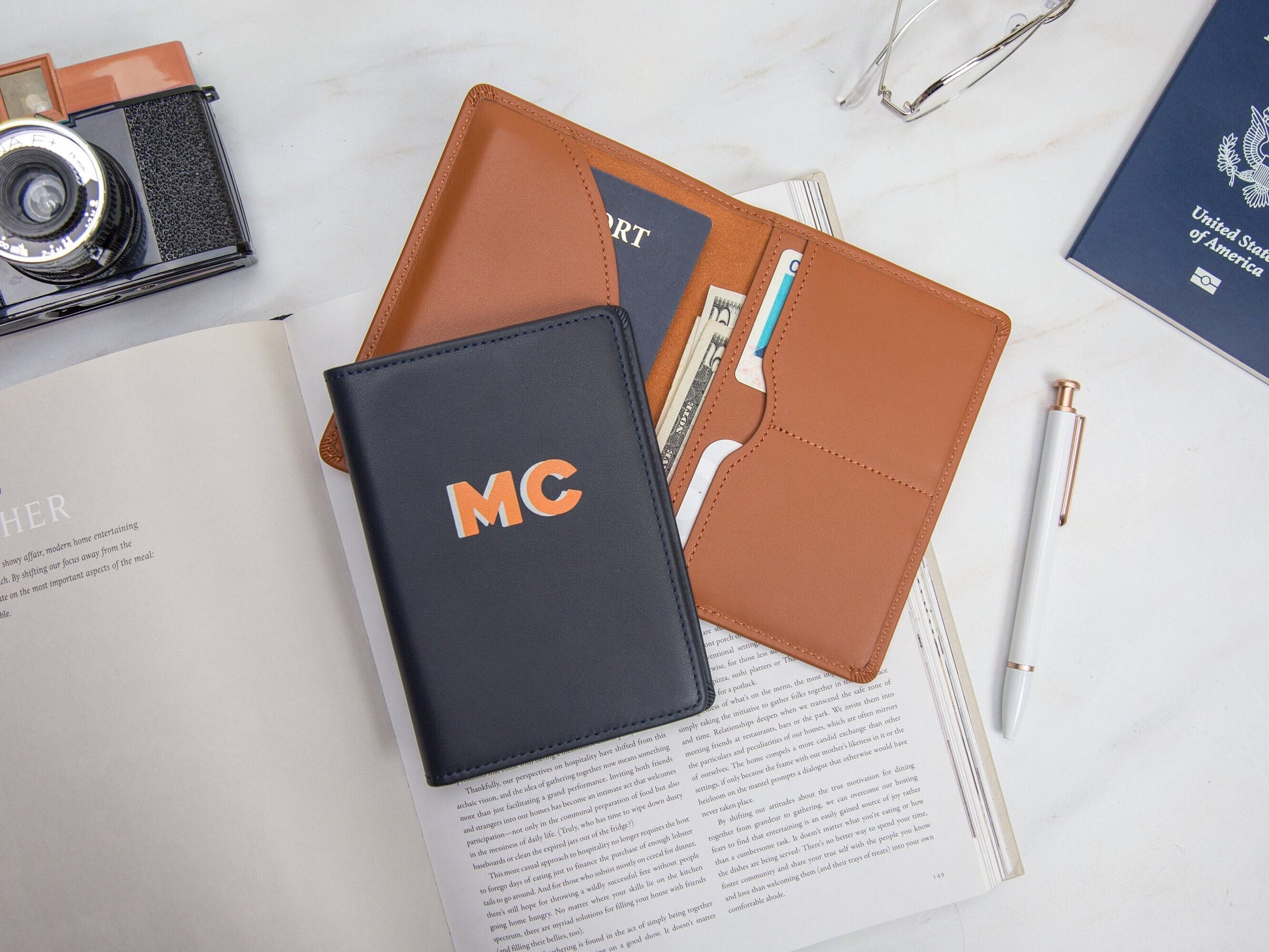 Personalized leather passport cover - custom monogram name travel wallet, 3rd leather anniversary gift husband wife, bff, bride bachelorette