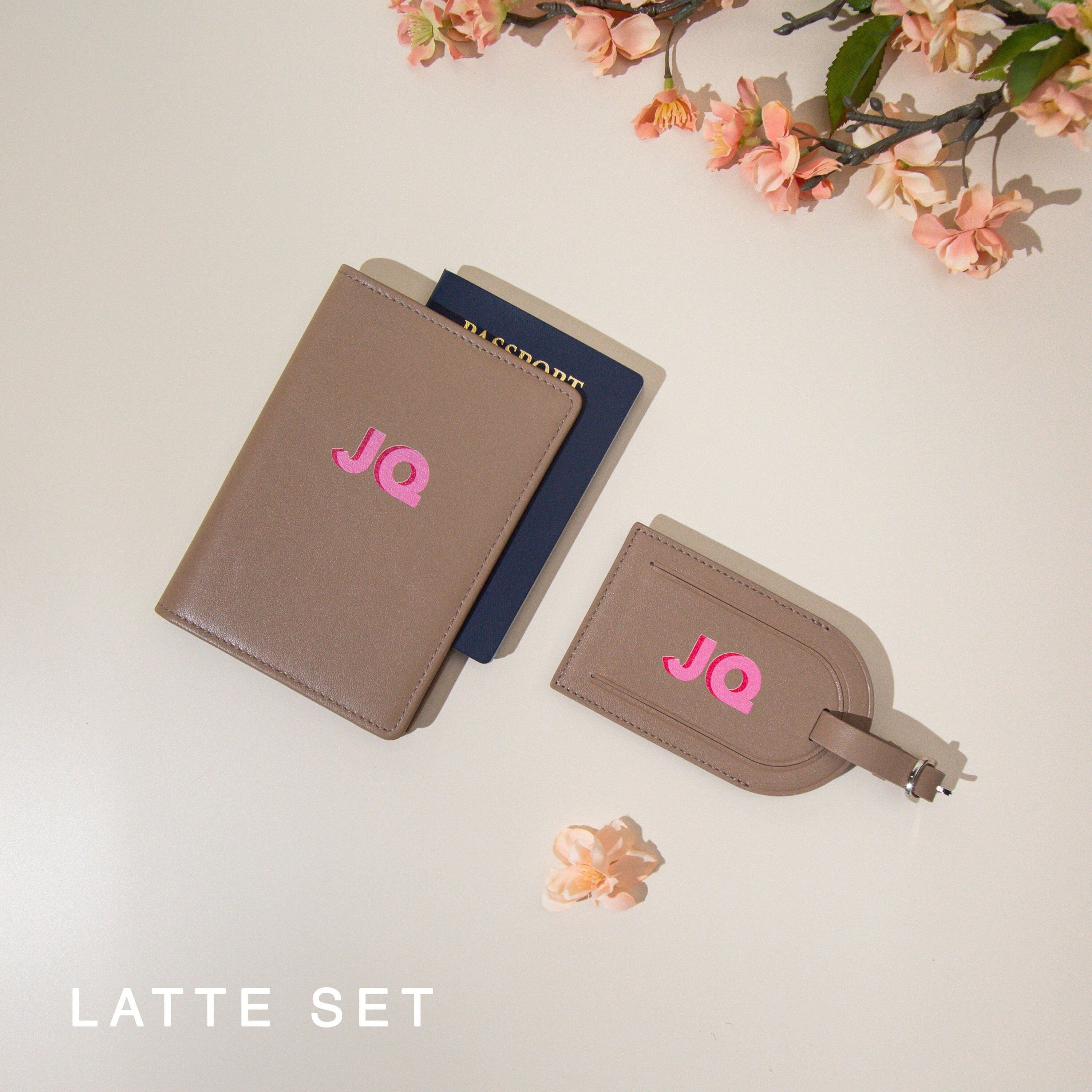 Personalized passport holder & luggage tag set - custom initials travel card wallet, gift for best friend, girlfriend, honeymoon gift ideas