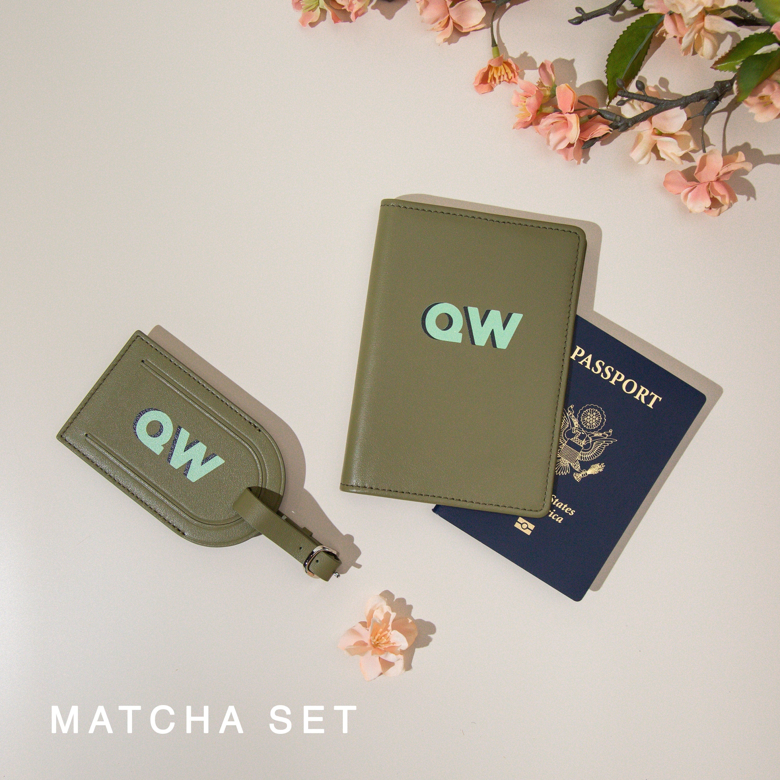 Personalized passport holder & luggage tag set - custom initials travel card wallet, gift for best friend, girlfriend, honeymoon gift ideas