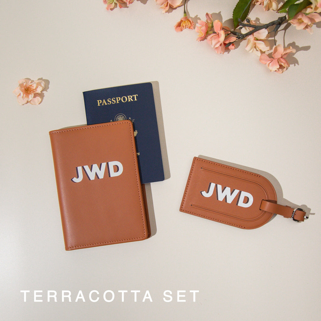 Personalized passport holder & luggage tag set - custom initials travel card wallet, gift for best friend, girlfriend, honeymoon gift ideas