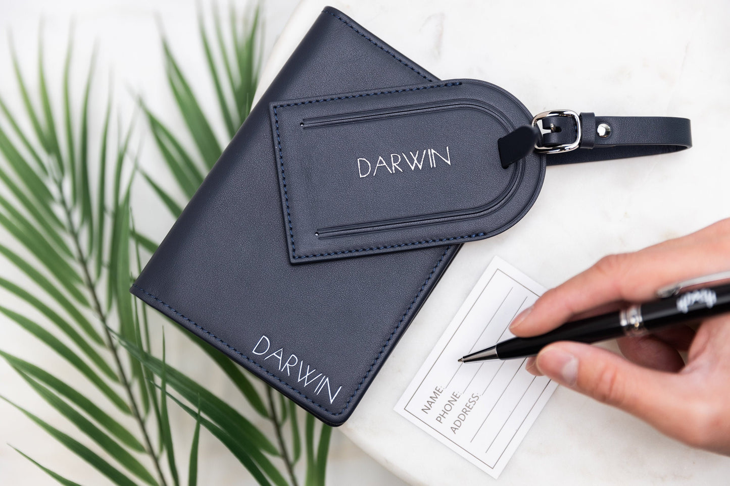 Embossed leather passport holder & embossed luggage tag (set) - travel card wallet, 3rd anniversary gift, destination wedding, gift for mom