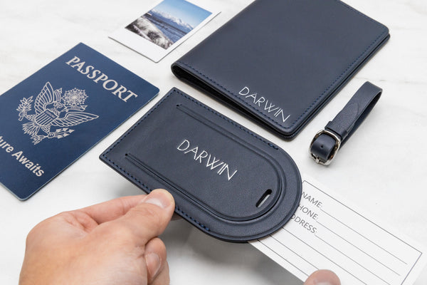Embossed leather passport holder & embossed luggage tag (set) - travel card wallet, 3rd anniversary gift, destination wedding, gift for mom