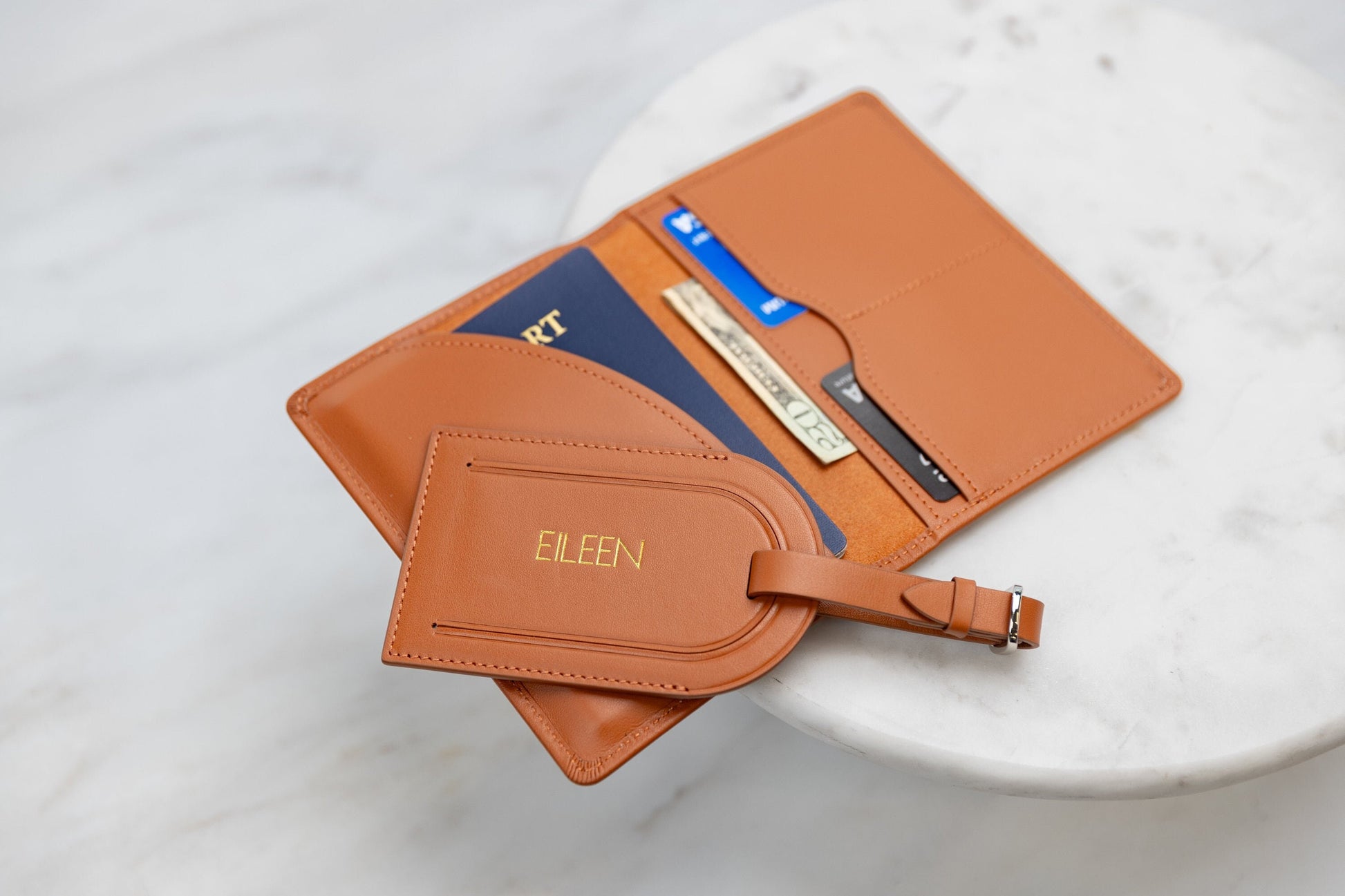 Embossed leather passport holder & embossed luggage tag (set) - travel card wallet, 3rd anniversary gift, destination wedding, gift for mom