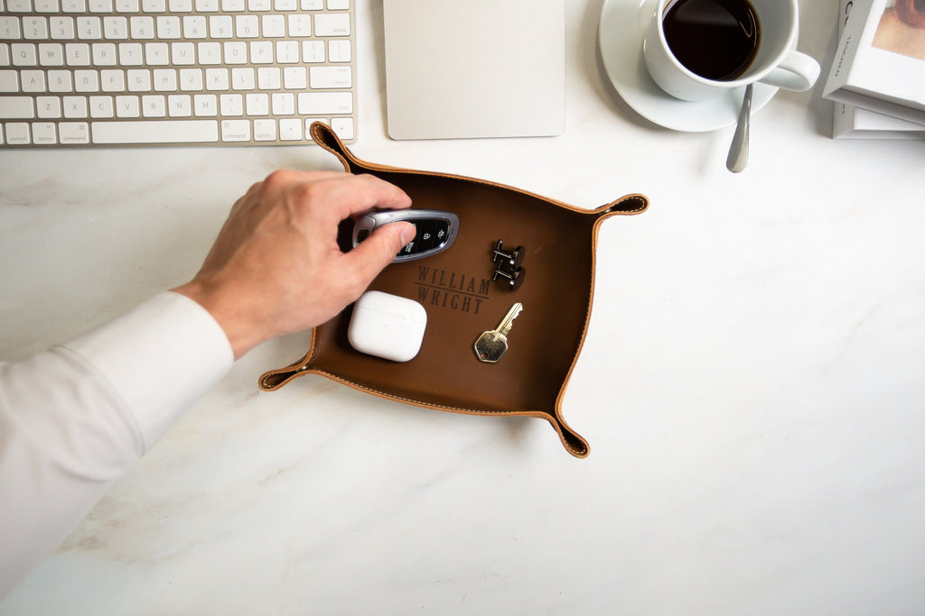 Engraved leather valet tray - engrave your kids drawing or message, personalized catchall ring key tray, office desk, 3rd anniversary gift