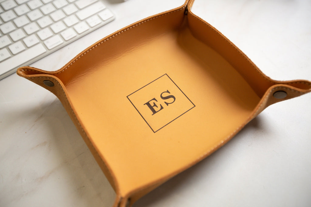 Engraved leather valet tray - engrave your kids drawing or message, personalized catchall ring key tray, office desk, 3rd anniversary gift