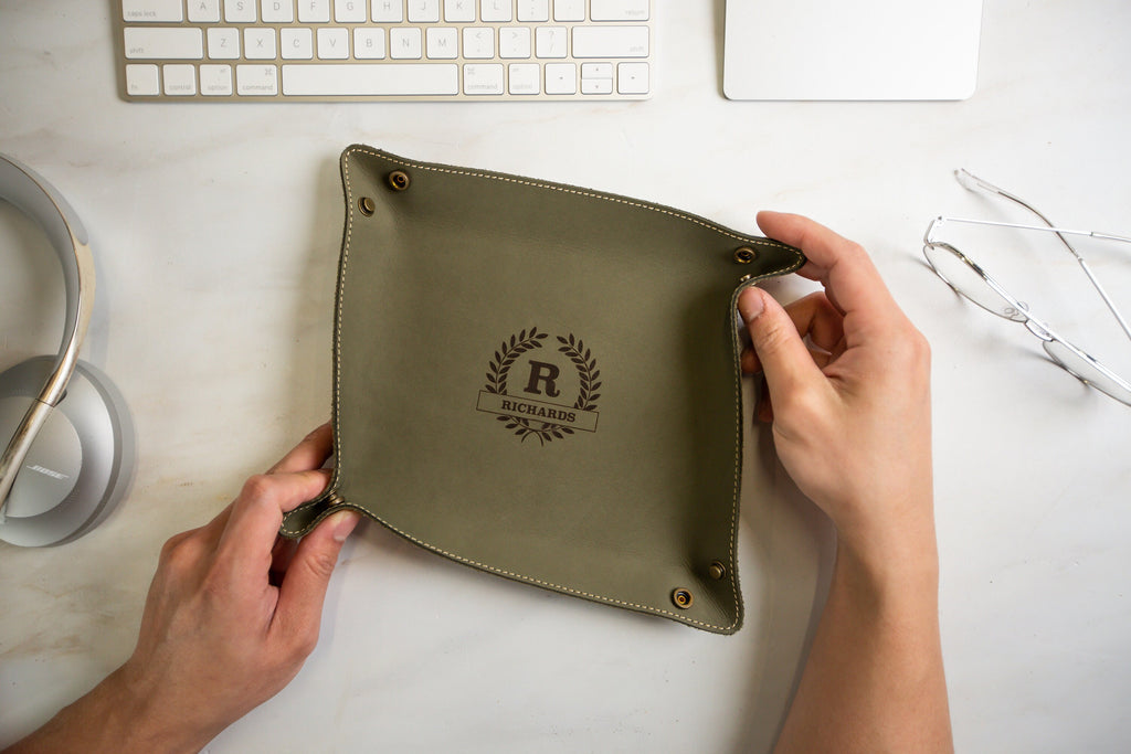 Engraved leather valet tray - engrave your kids drawing or message, personalized catchall ring key tray, office desk, 3rd anniversary gift