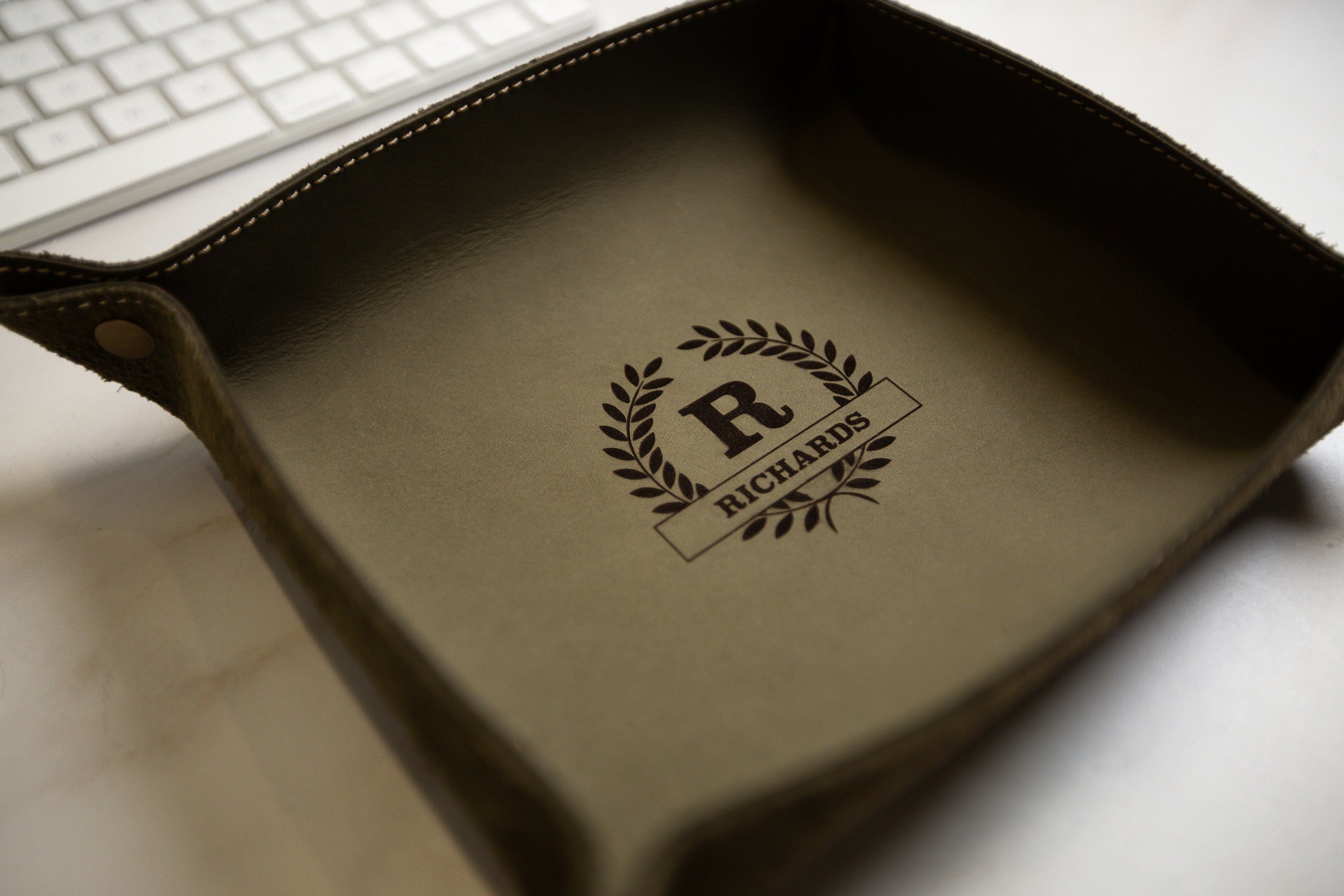 Engraved leather valet tray - engrave your kids drawing or message, personalized catchall ring key tray, office desk, 3rd anniversary gift