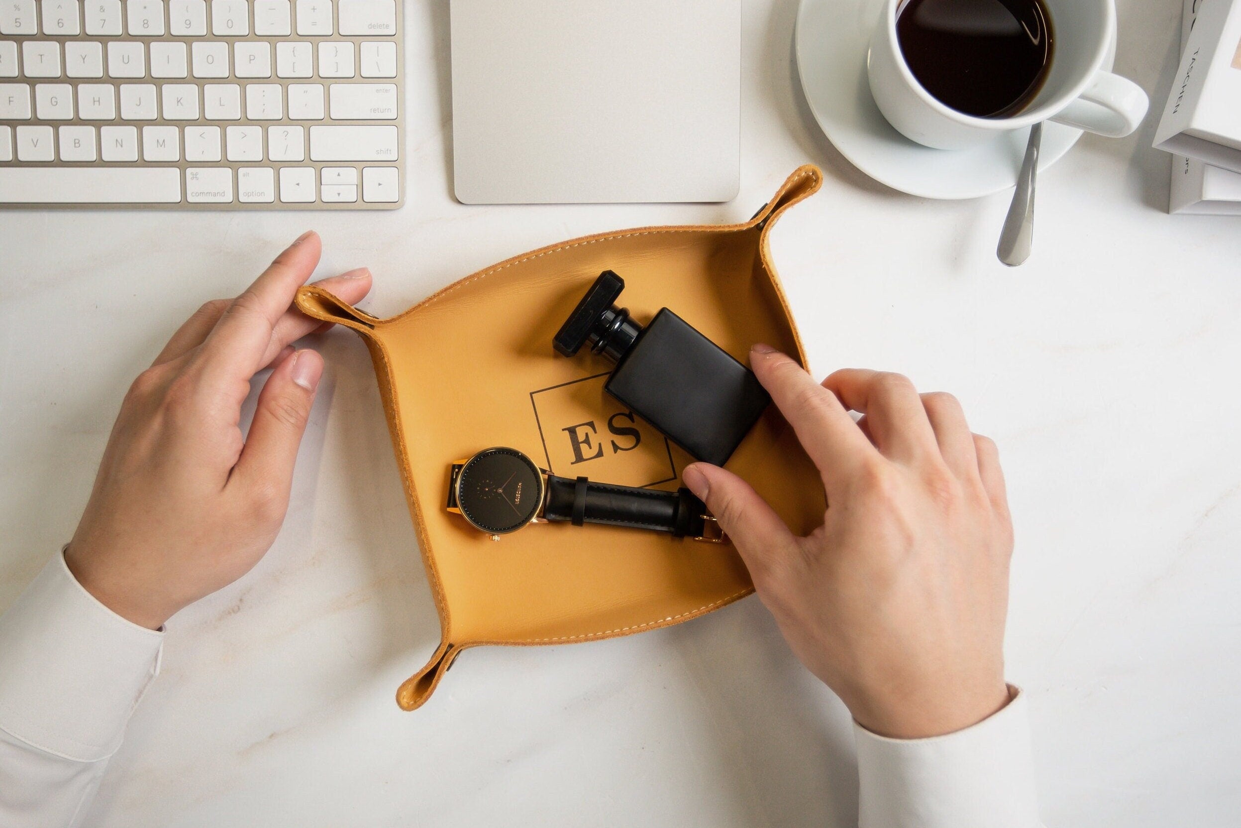 Engraved leather valet tray - engrave your kids drawing or message, personalized catchall ring key tray, office desk, 3rd anniversary gift