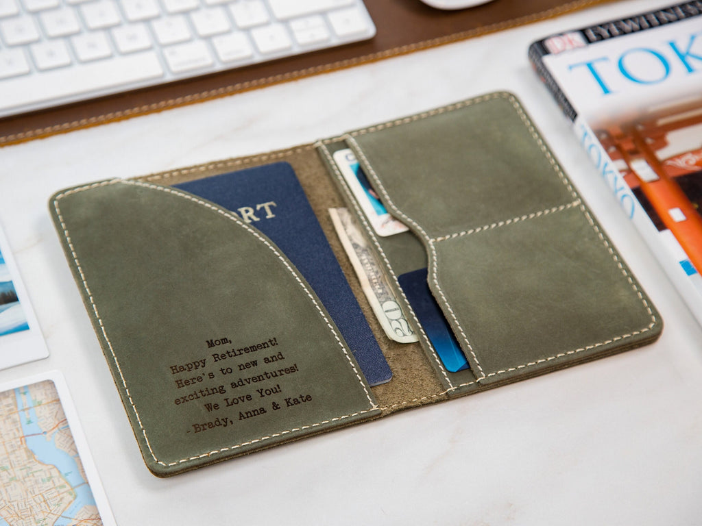 Leather passport cover - engraved holder, 3rd leather anniversary gift for husband wife, custom travel wallet, honeymoon wedding travel gift